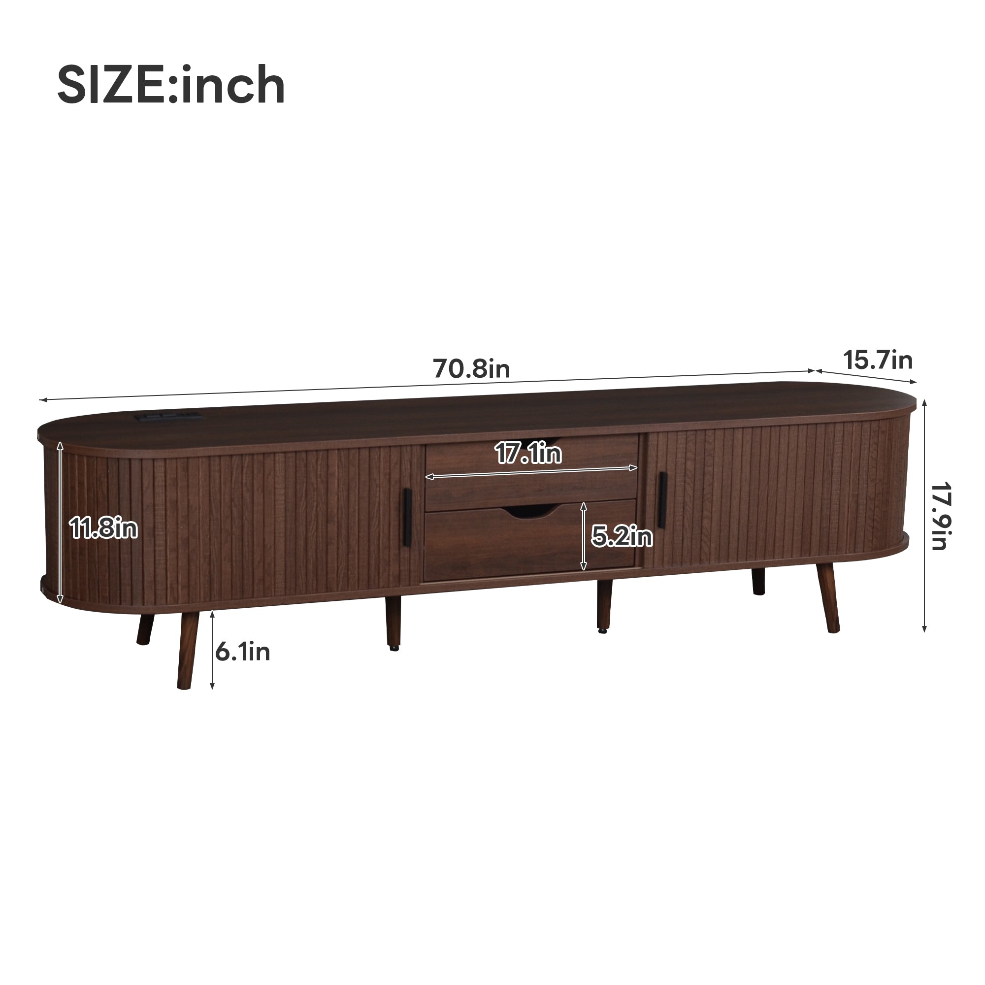 Mid Century Modern TV Stand for 70-Inch TV, Dark Brown MDF & Solid Wood Console with Tambour Doors, Drawers and Built-in Power Outlet - Grand Goldman Shop