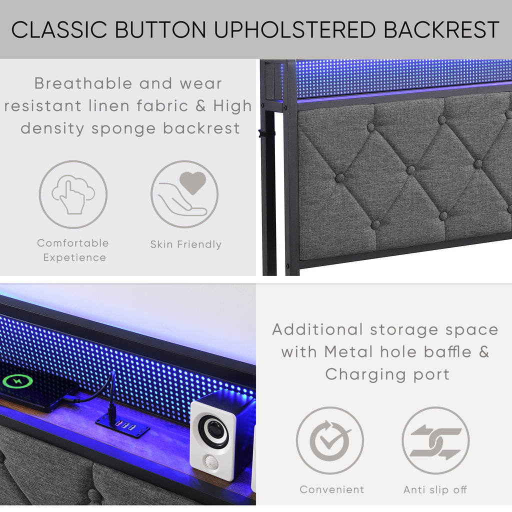 Full Bed Frame with  Storage Headboard, Charging Station and LED Lights, Upholstered Platform Bed with Heavy Metal Slats, No Box Spring Needed, Noise Free, Easy Assembly, Dark Gray - Grand Goldman Shop