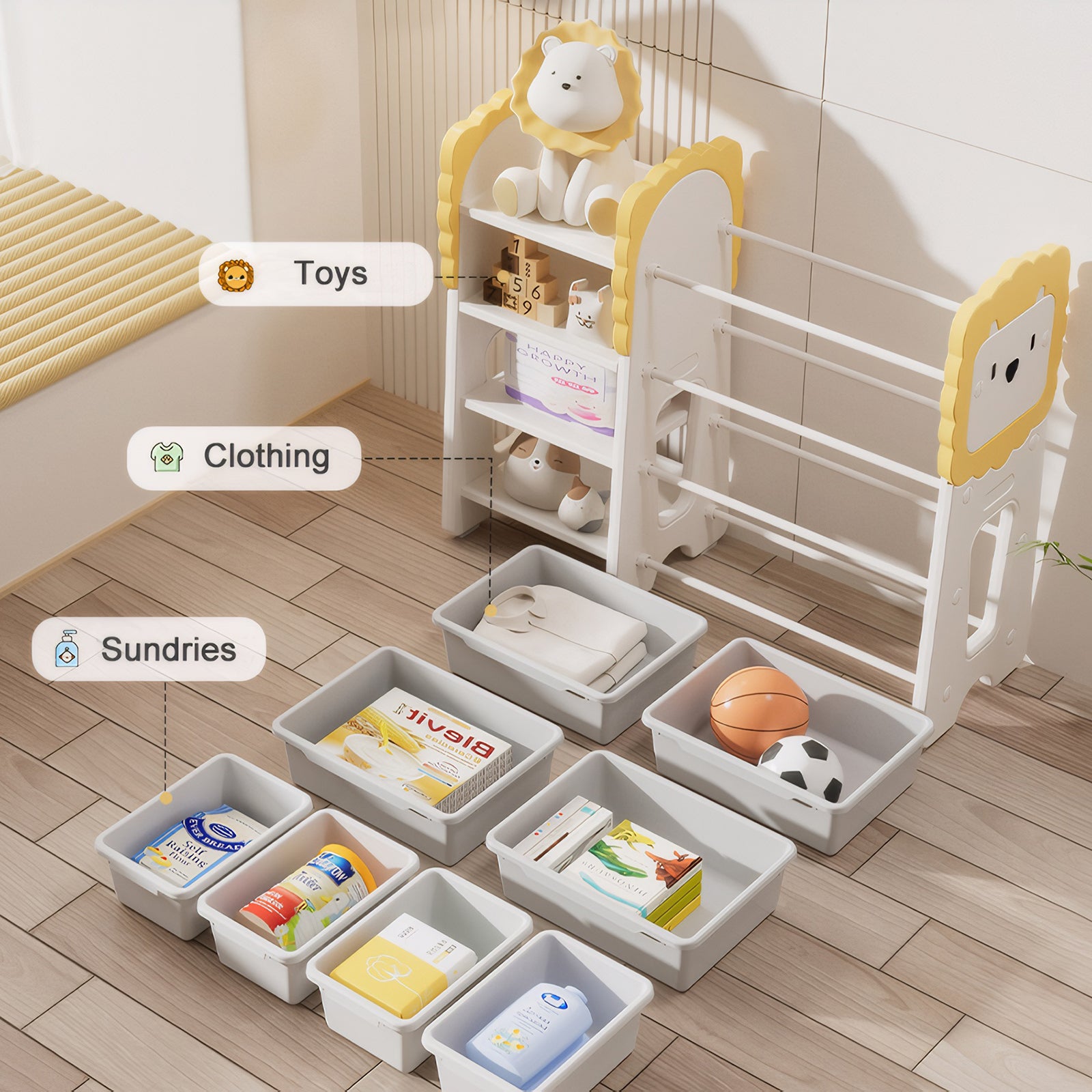 Kids Bookshelf and Toy Storage, 4-Tier Toy Organizers W/8 Removable Storage Bins, Kids Toy Storage Organizer for Study Room, 