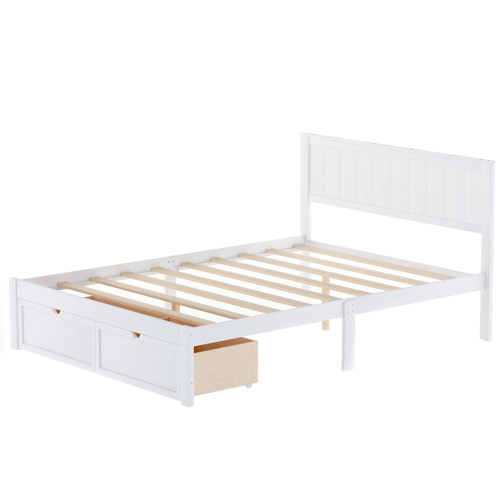 White Full Size Platform Bed with Under-bed Drawers, Solid Pine Wood and MDF, 78.3''L x 58.5''W x 36.2''H - Grand Goldman Shop