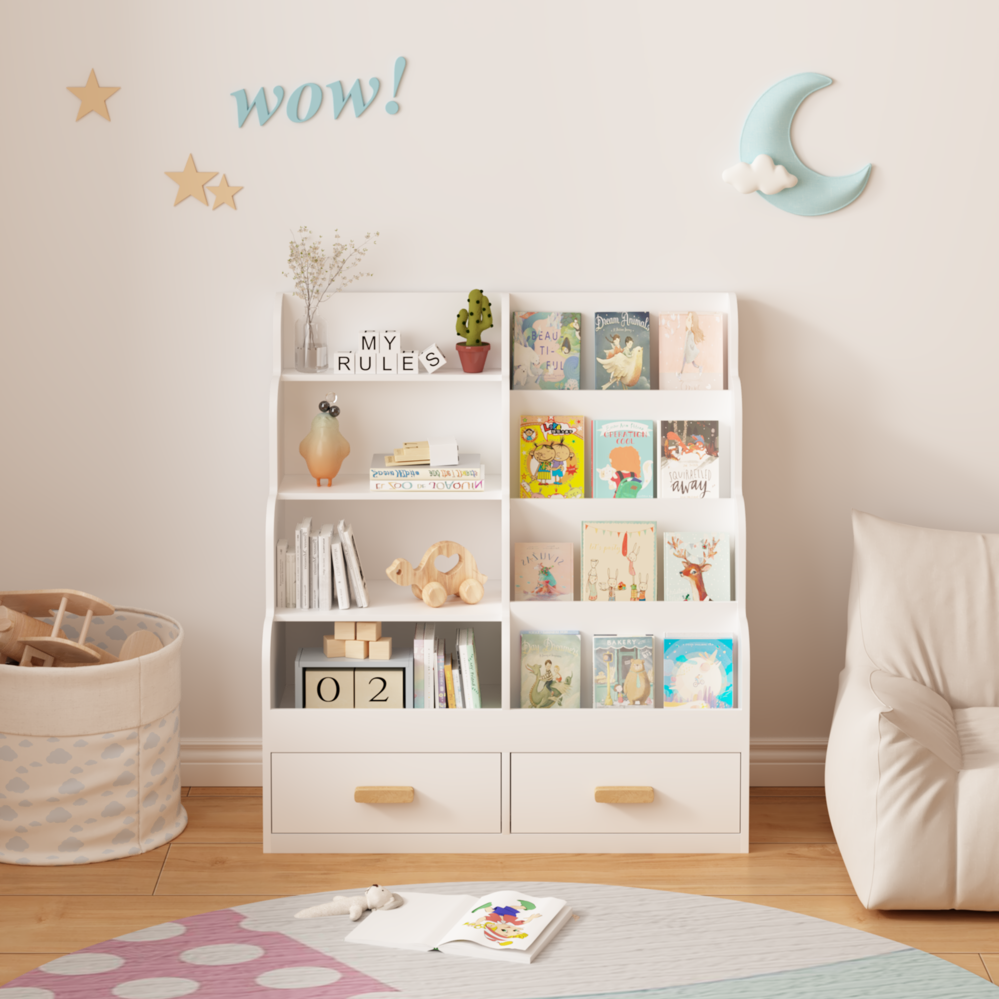 Kids Bookshelf with 2 Storage Drawers, Front-Facing Children's Bookcase and Toy Organizer, Multi-Tier Reading Shelf for Toddl