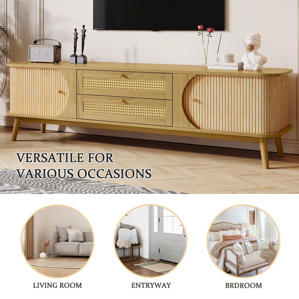 Modern Farmhouse Rattan TV Stand for TVs up to 75'', Solid Wood Legs, Natural Wood Finish Media Console with Storage Drawers and Sliding Doors - Grand Goldman Shop