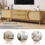 Modern Farmhouse Rattan TV Stand for TVs up to 75'', Solid Wood Legs, Natural Wood Finish Media Console with Storage Drawers and Sliding Doors - Grand Goldman Shop