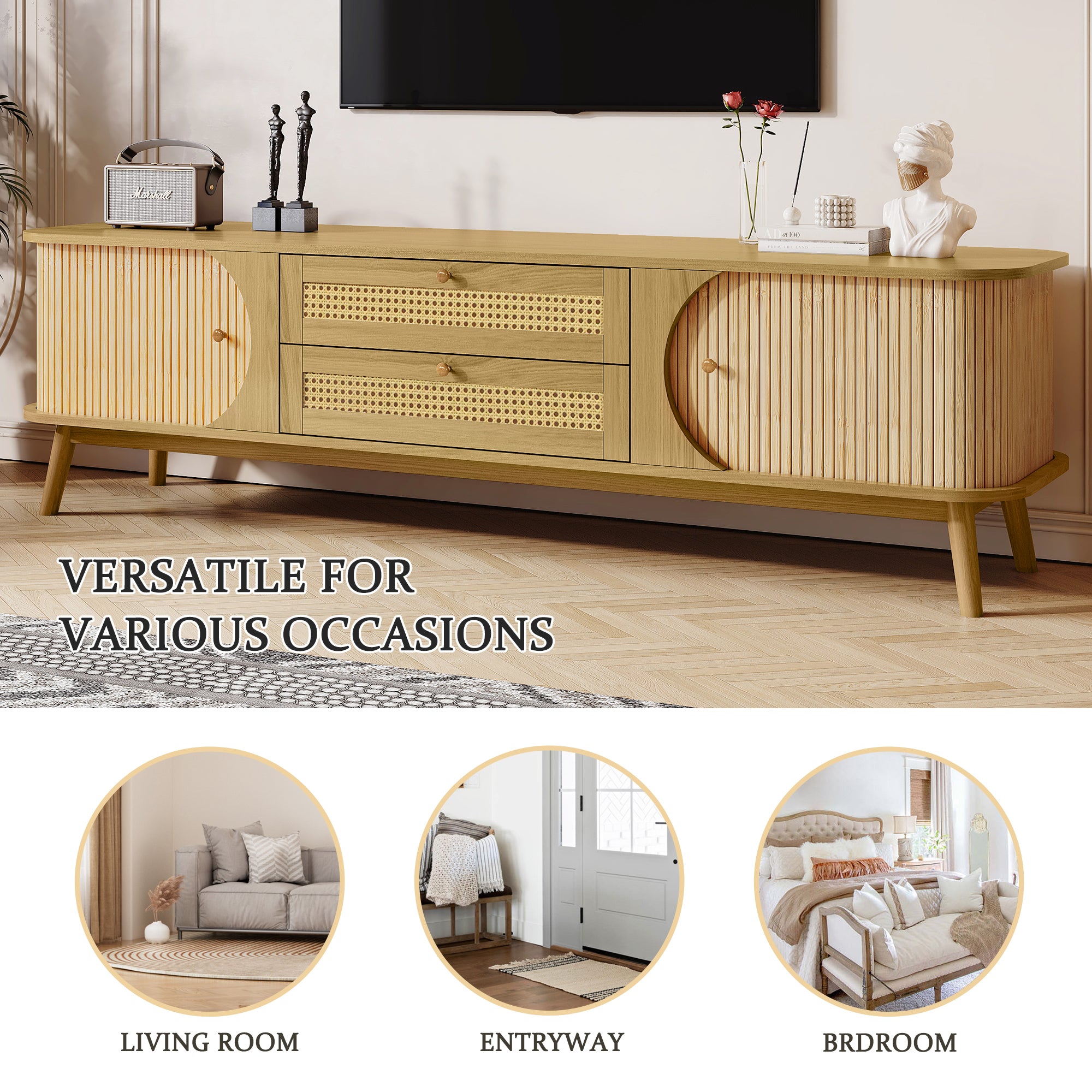 Modern Farmhouse Rattan TV Stand for TVs up to 75'', Solid Wood Legs, Natural Wood Finish Media Console with Storage Drawers and Sliding Doors - Grand Goldman Shop