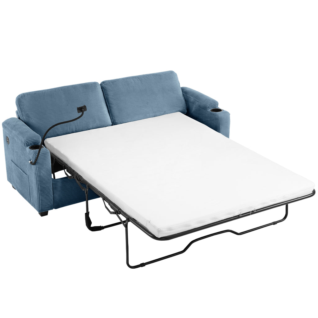 Navy Blue Corduroy Sleeper Sofa Loveseat with Full Size Mattress, USB Ports, Cup Holders, Side Pockets and Phone Holder - Grand Goldman Shop