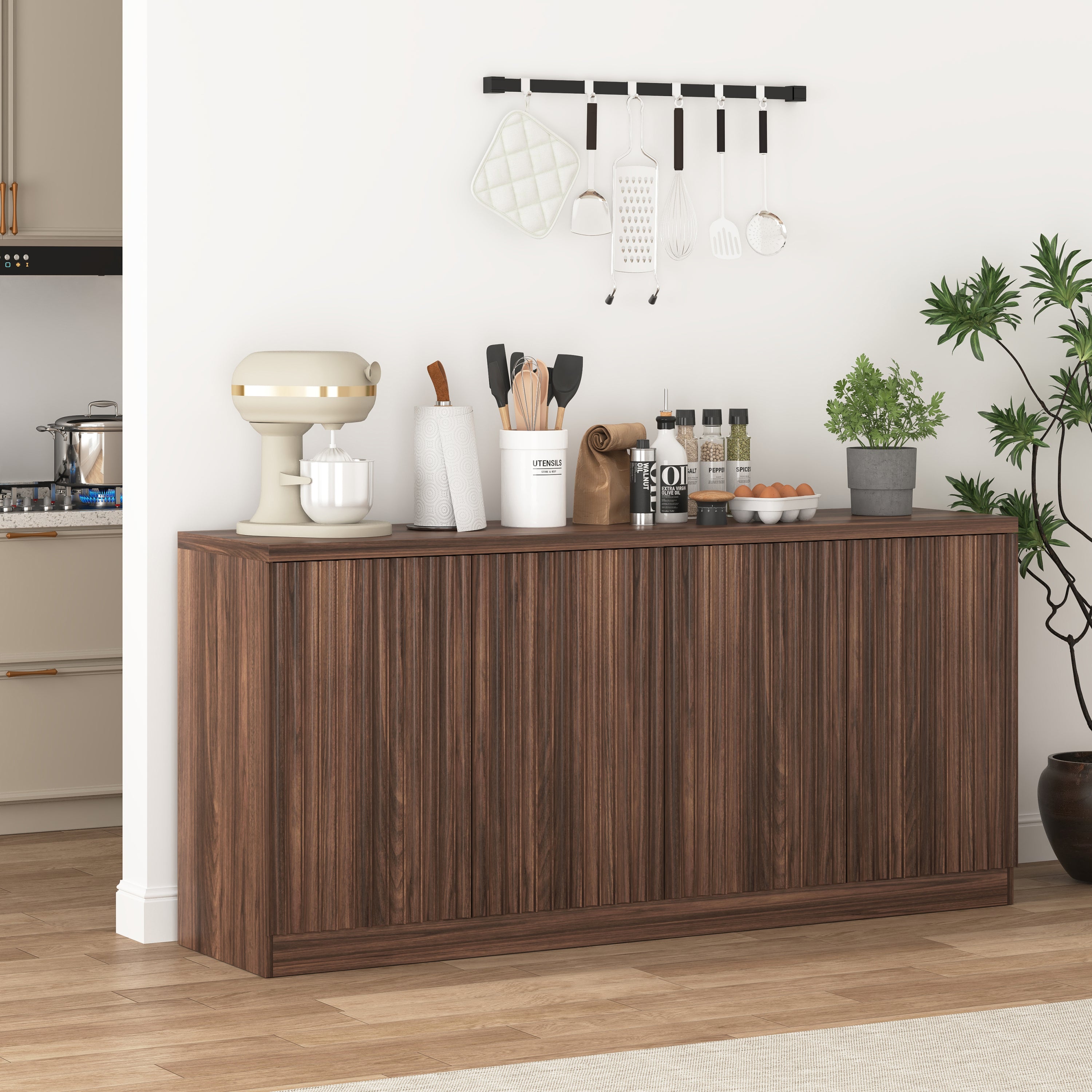 Buffet Cabinet with Storage, 62.60' Sideboard Cabinet with 4 Doors & Shelves, Wooden Kitchen Coffee Bar Credenza Storage for Living Room, Hallway Walnut - Grand Goldman Shop
