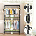 Heavy Duty Rolling Clothes Rack with 3 Tier Shelves, 2 Rails & Side Hooks, Adjustable Freestanding Organizer, Black Metal - Grand Goldman Shop