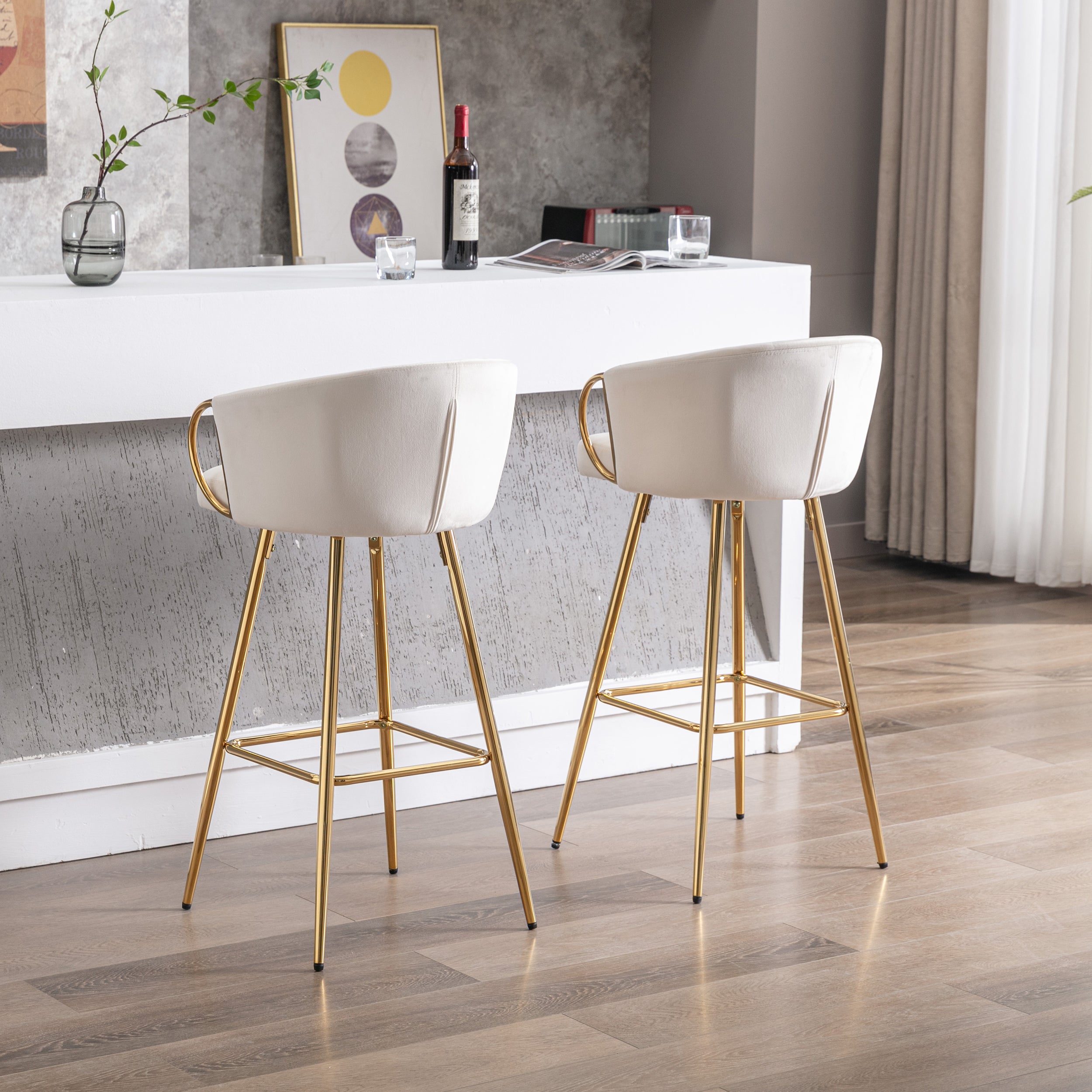 26 Inch Set of 2 Bar Stools,with Chrome Footrest and Base Velvet + Golden Leg Simple Bar Stoo,CREAM - Grand Goldman Shop