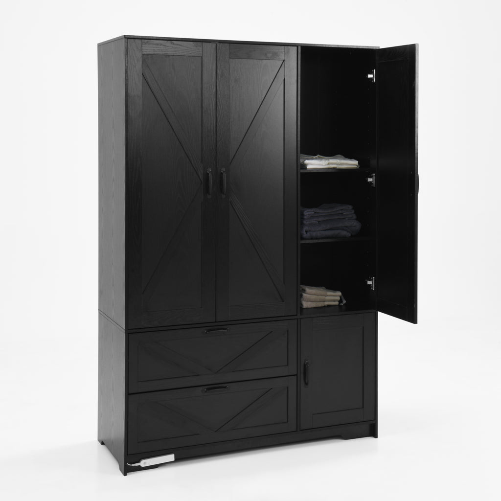 4 Doors Wardrobe Closet with Mirror, LED Wardrobe with Doors and 2 Drawers, Wooden Wardrobe Storage Cabinet with Hanging Rod, Adjustable Shelves, Black - Grand Goldman Shop