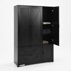 4 Doors Wardrobe Closet with Mirror, LED Wardrobe with Doors and 2 Drawers, Wooden Wardrobe Storage Cabinet with Hanging Rod, Adjustable Shelves, Black - Grand Goldman Shop