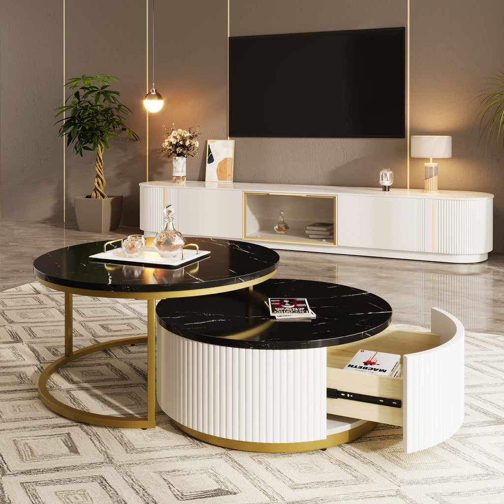 Modern Round Nesting Coffee Table Fluted with Drawer in Black & Gold in 31.5'' - Grand Goldman Shop