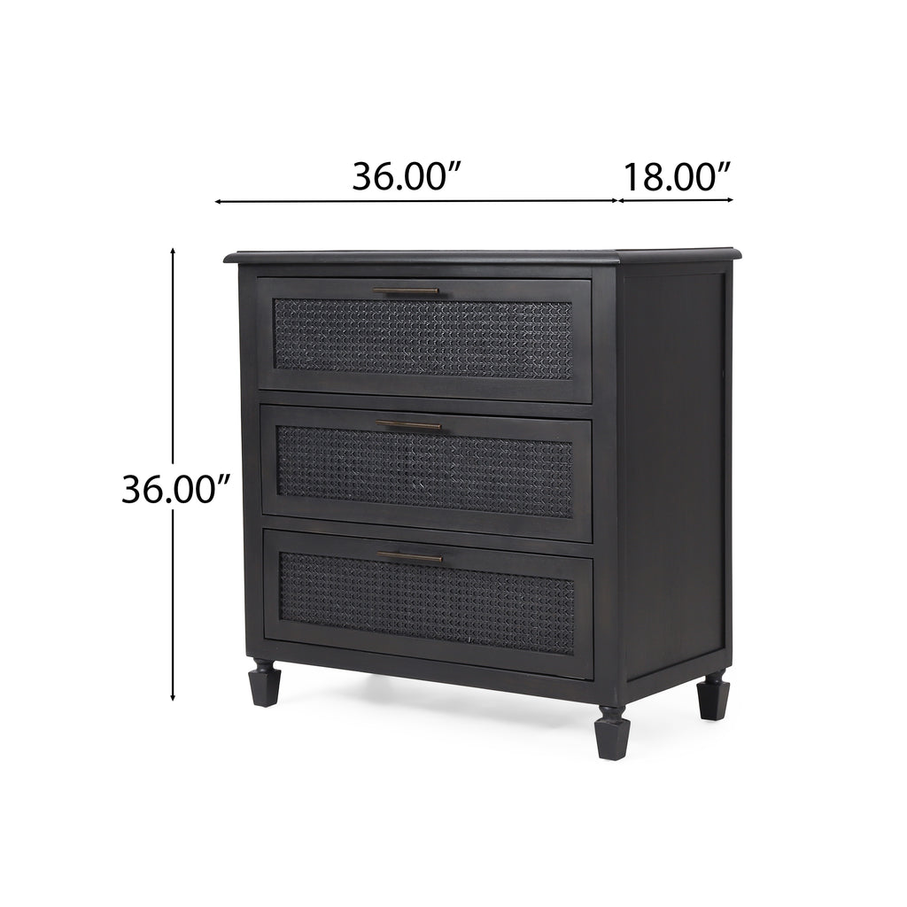 Newell Rustic Acacia Wood and Cane 3 Drawer Dresser - Grand Goldman Shop