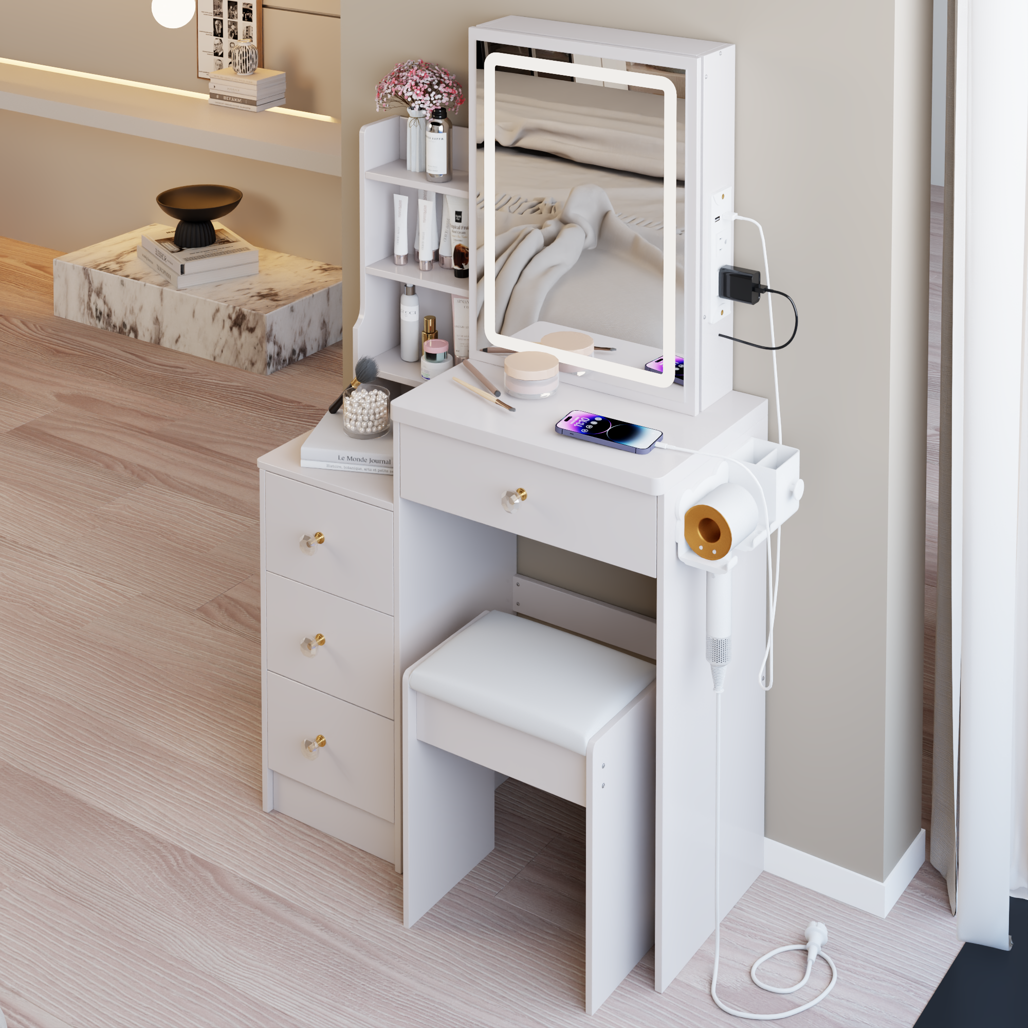29.2' Small Size Bedside Cabinet Vanity Table + Cushioned Stool, 2 AC+2 USB Power Station, Hair dryer bracket, Extra Large Touch Control Sliding LED Mirror, 3-color Switching, EPA, GCC, UL Certificate - Grand Goldman Shop