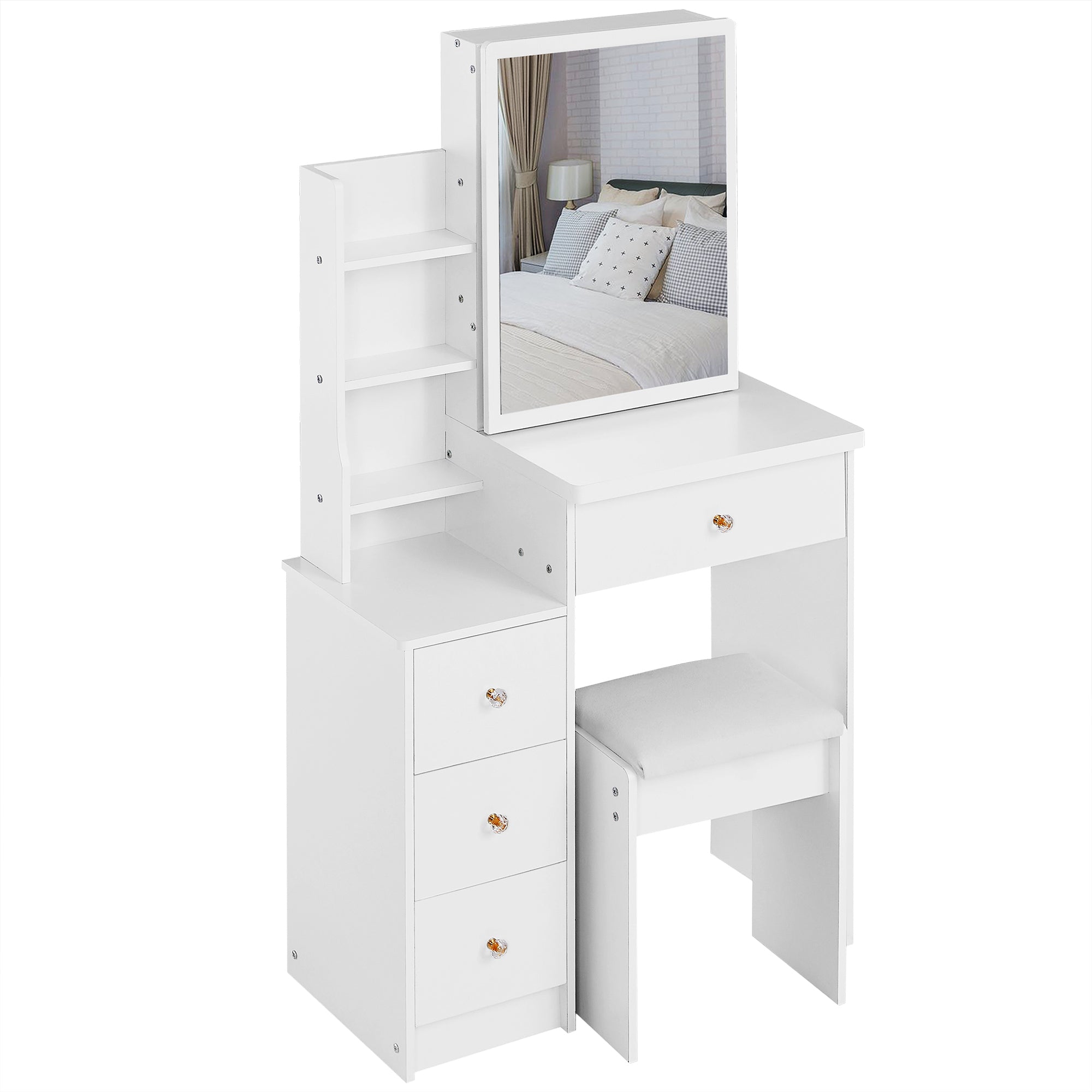 29.2' Small Space Left Bedside Cabinet Vanity Table + Cushioned Stool, Extra Large Right sliding mirror, Multi Layer High Capacity Storage, Practical Fashionable Dresser, EPA, GCC, UL Certificate - Grand Goldman Shop