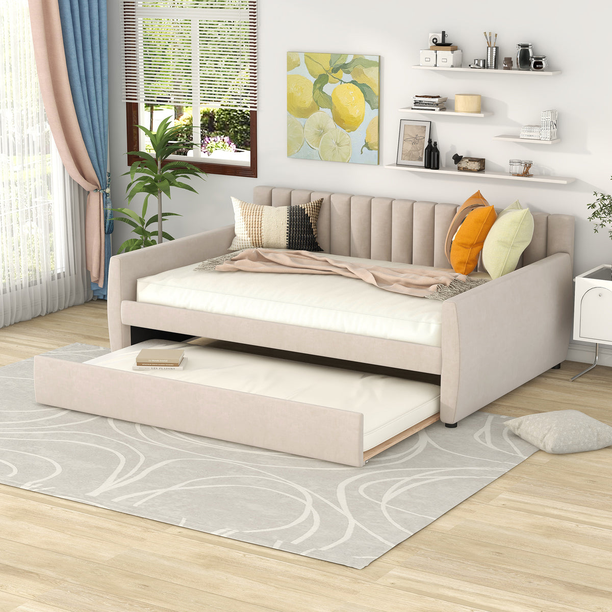 Full Size Upholstered daybed with Trundle and Wood Slat Support, Beige(Old SKU:LP000121AAA) - Grand Goldman Shop