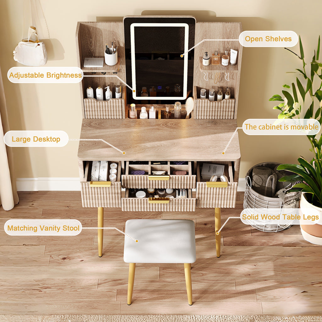 4-Drawer Vanity Desk with LED Mirror & Carved Details, Fluted Makeup Table with Metal Legs and PU Stool, Carved Dressing Table with Jewelry Storage for Bedroom - Grand Goldman Shop