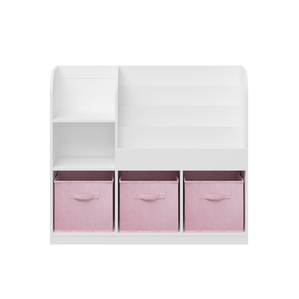 Kids Bookcase and Bookshelf with 3 Collapsible Fabric Drawers, Multifunctional White/Pink Display Stand for Bedroom, Playroom