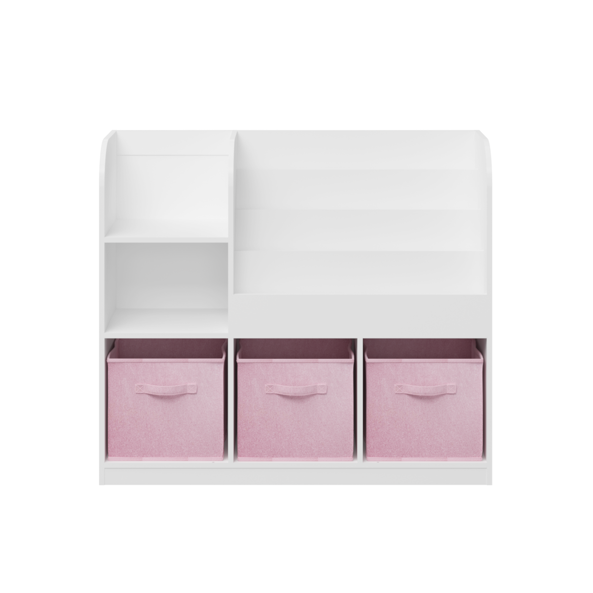 Kids Bookcase and Bookshelf with 3 Collapsible Fabric Drawers, Multifunctional White/Pink Display Stand for Bedroom, Playroom