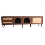 Dark Brown Rattan-inspired TV Stand with 3 Cabinets & 2 Drawers, LED Light Media Console for TVs up to 80'', MDF & Solid Wood Construction - Grand Goldman Shop