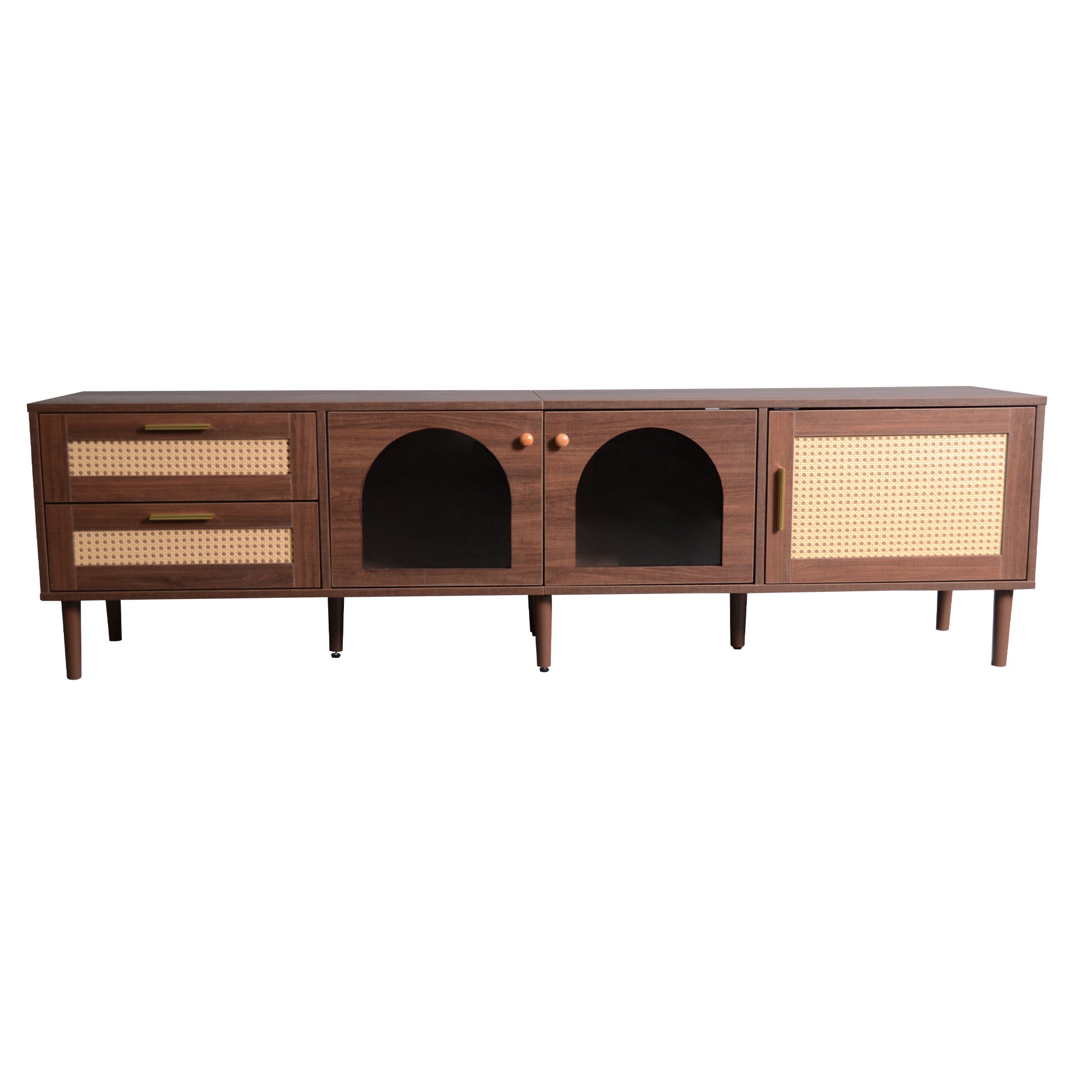 Dark Brown Rattan-inspired TV Stand with 3 Cabinets & 2 Drawers, LED Light Media Console for TVs up to 80'', MDF & Solid Wood Construction - Grand Goldman Shop