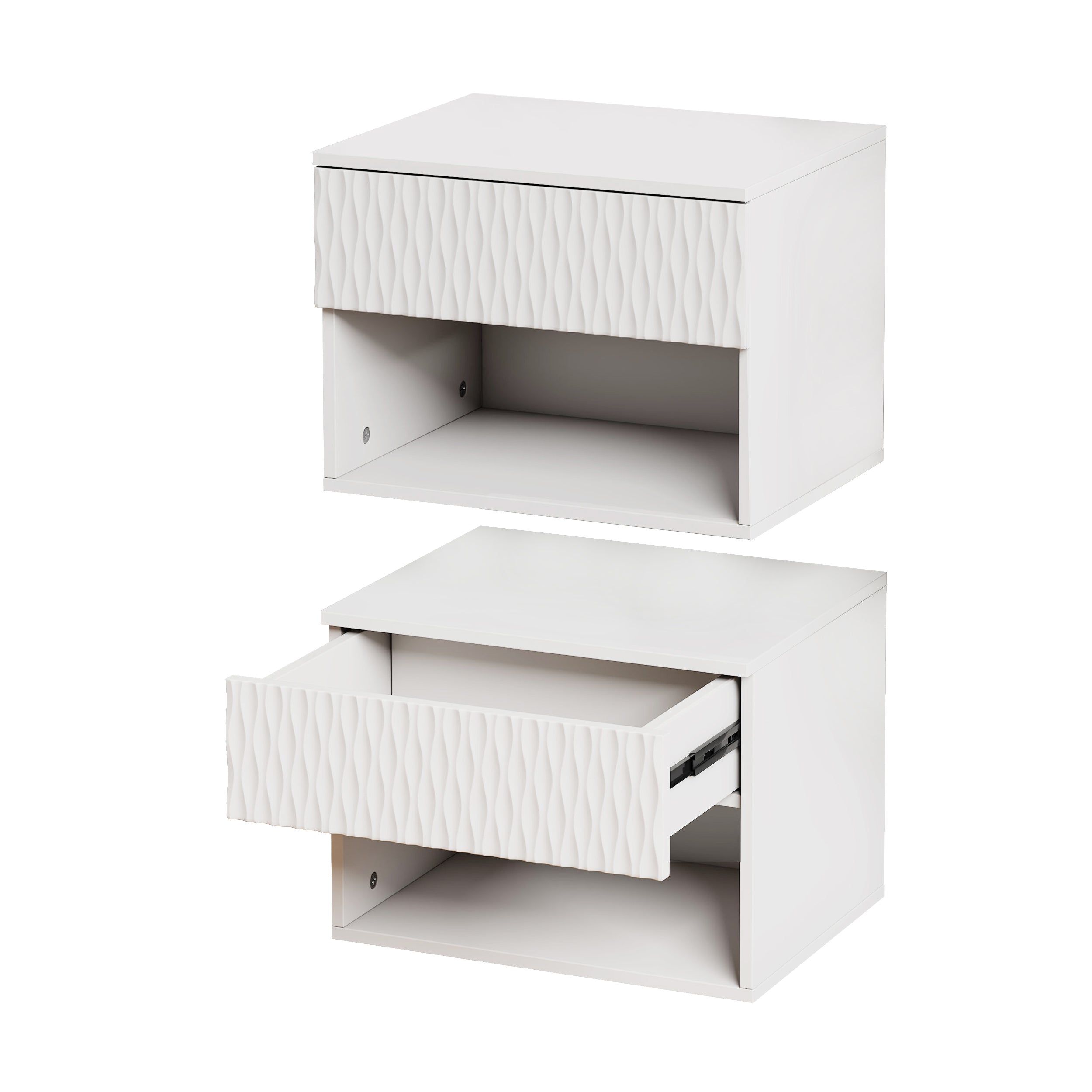 set of 2 nightstand with Modern Wall-Mounted Drawer Cabinet: Open Shelf, 3-Stage Rails, Carved Design, Anti-Wobble, DIY, for Bedroom/Living Room/Office - Grand Goldman Shop