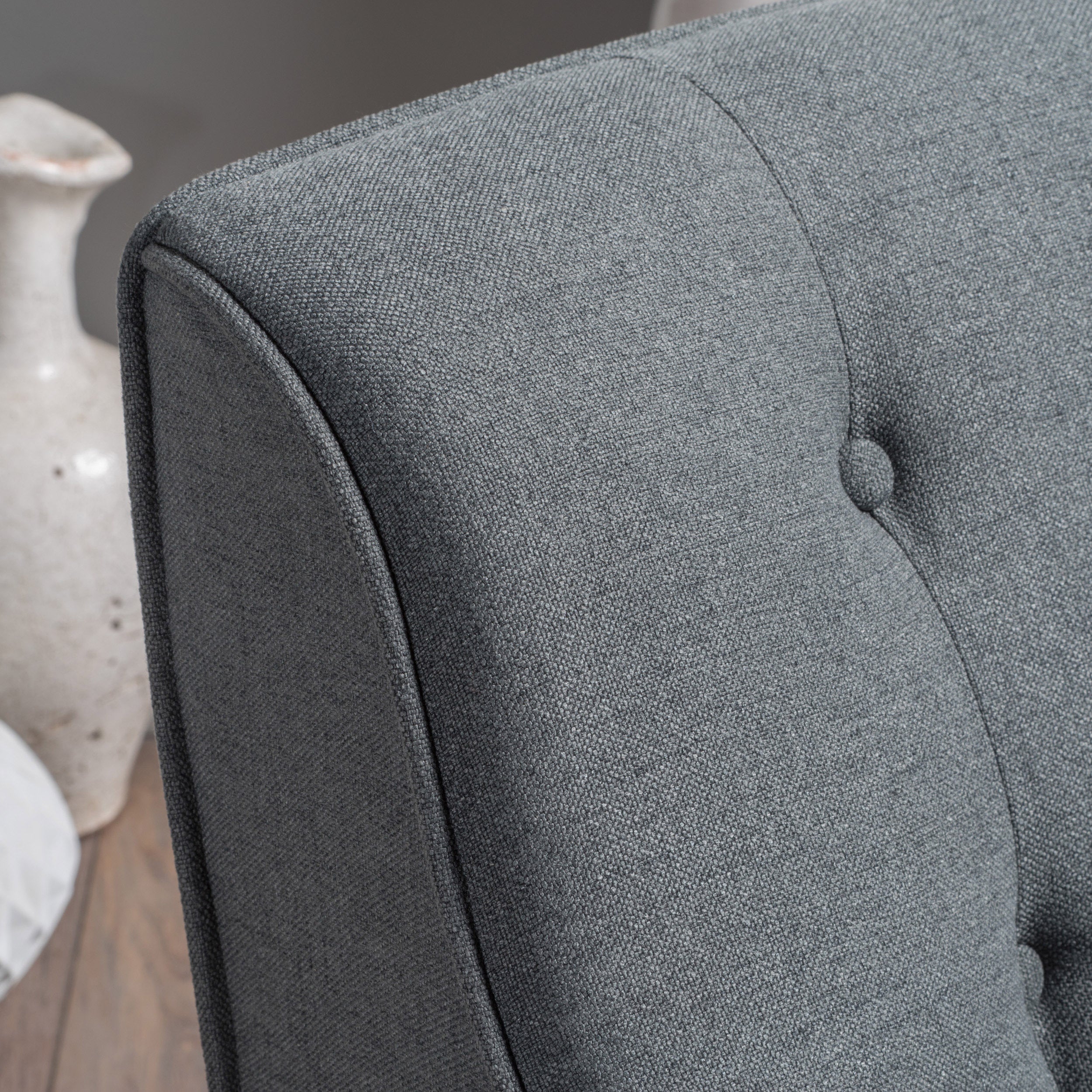 Mid-Century Modern Arm Chair in Charcoal Fabric with Tufted Back and Wooden Legs - Grand Goldman Shop
