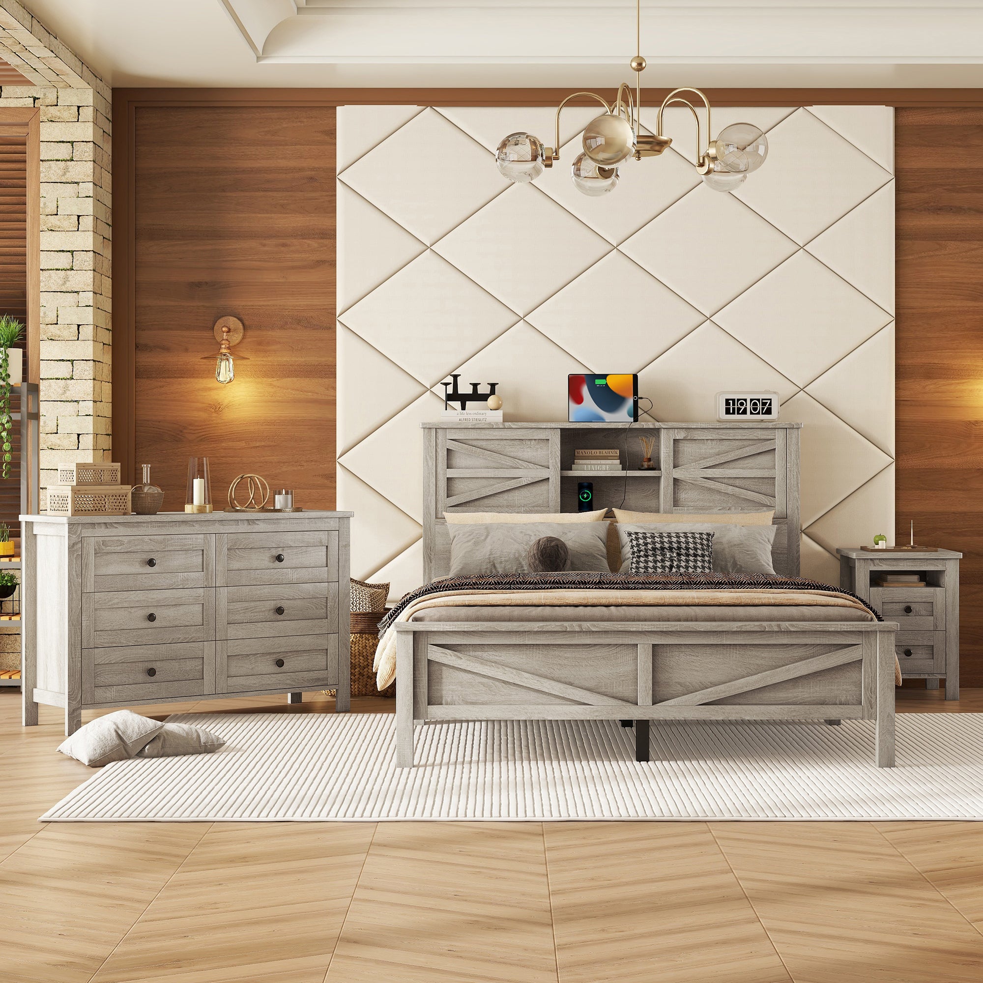 3-Pieces Bedroom Sets Queen Size Farmhouse Platform Bed with Double Sliding Door Storage Headboard and Charging Station, Storage Nightstand and Dresser, Antique Gray(Old SKU HL000092AAG) - Grand Goldman Shop