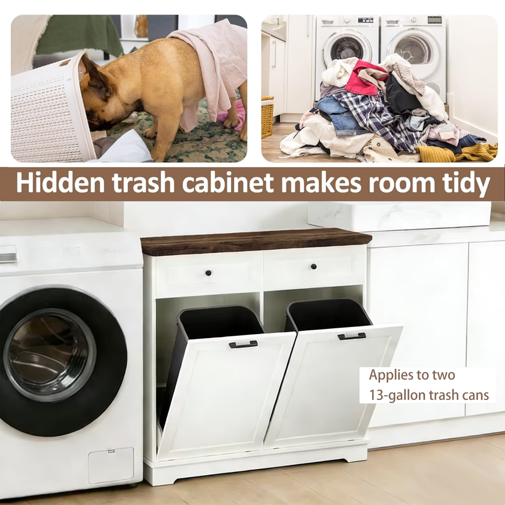 20 Gallon Tilt Out Trash Cabinet Freestanding Trash Bin Cabinet Wood Garbage Recycling Cabinet with Drawer Pet Proof Trash Can Holder for Kitchen Living Room, Antique White (Not include trash can) - Grand Goldman Shop