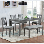 6PCs Kitchen Dining Set, Rectangular Wooden Dining Table with 4 Upholstered Chairs and a Bench, Dining Table Set for 6 People, Living Room, Home Bar and Kitchen, Gray - Grand Goldman Shop