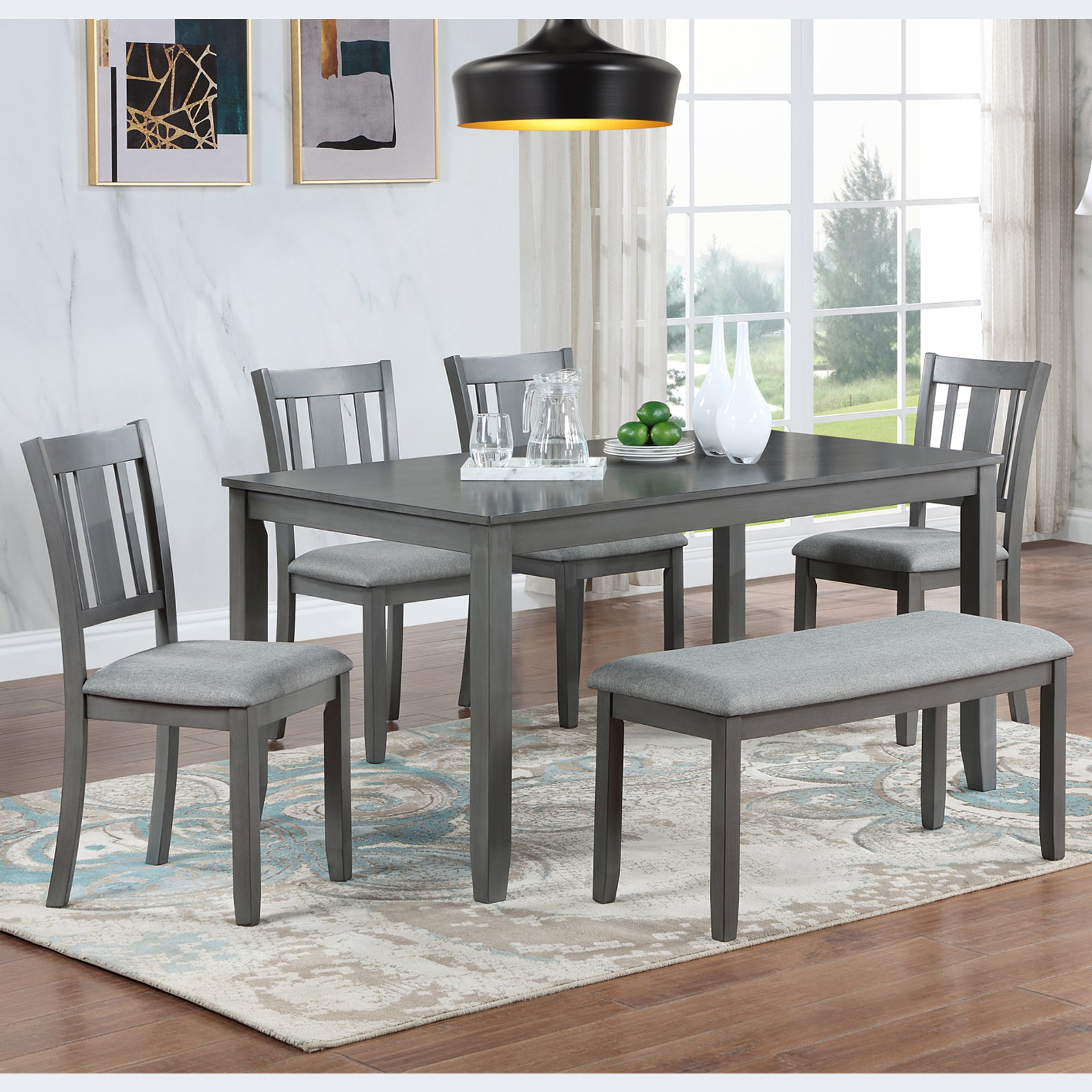 6PCs Kitchen Dining Set, Rectangular Wooden Dining Table with 4 Upholstered Chairs and a Bench, Dining Table Set for 6 People, Living Room, Home Bar and Kitchen, Gray - Grand Goldman Shop
