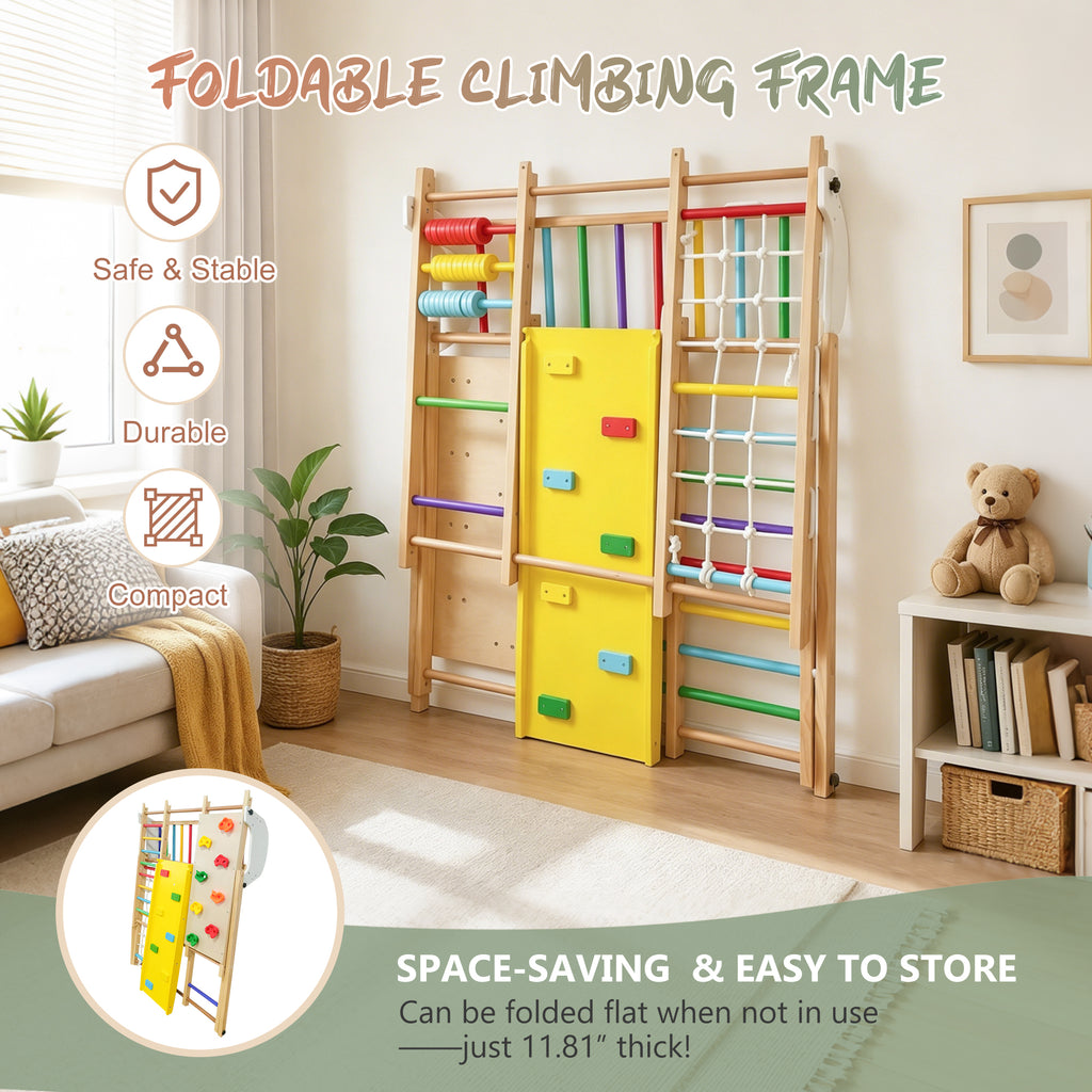 9-in-1 Foldable Kids Climbing Frame & Slide, Wooden Toddler Playground with Swing, Monkey Bars, Climbing Rock, Abacus Game – 