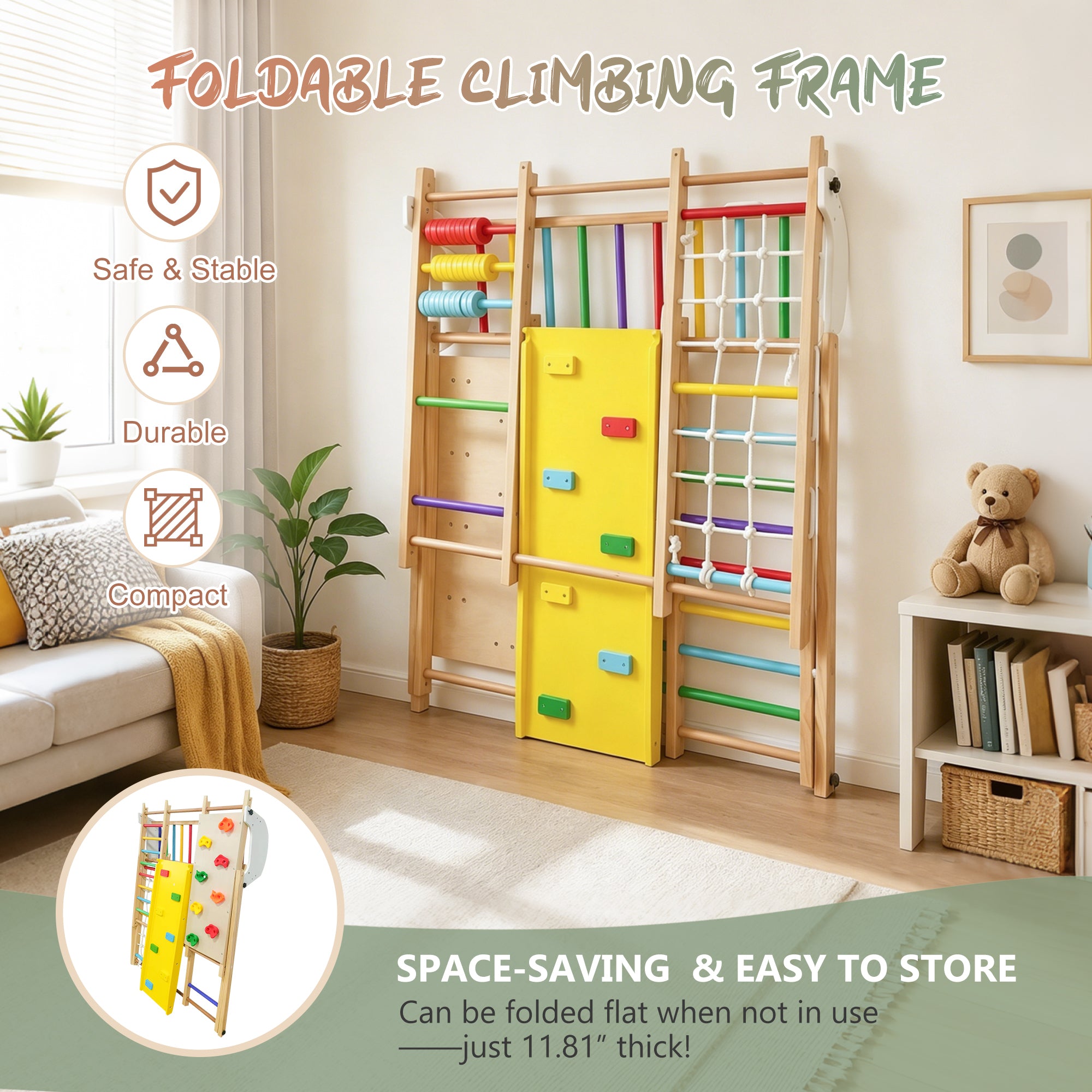 9-in-1 Foldable Kids Climbing Frame & Slide, Wooden Toddler Playground with Swing, Monkey Bars, Climbing Rock, Abacus Game – 