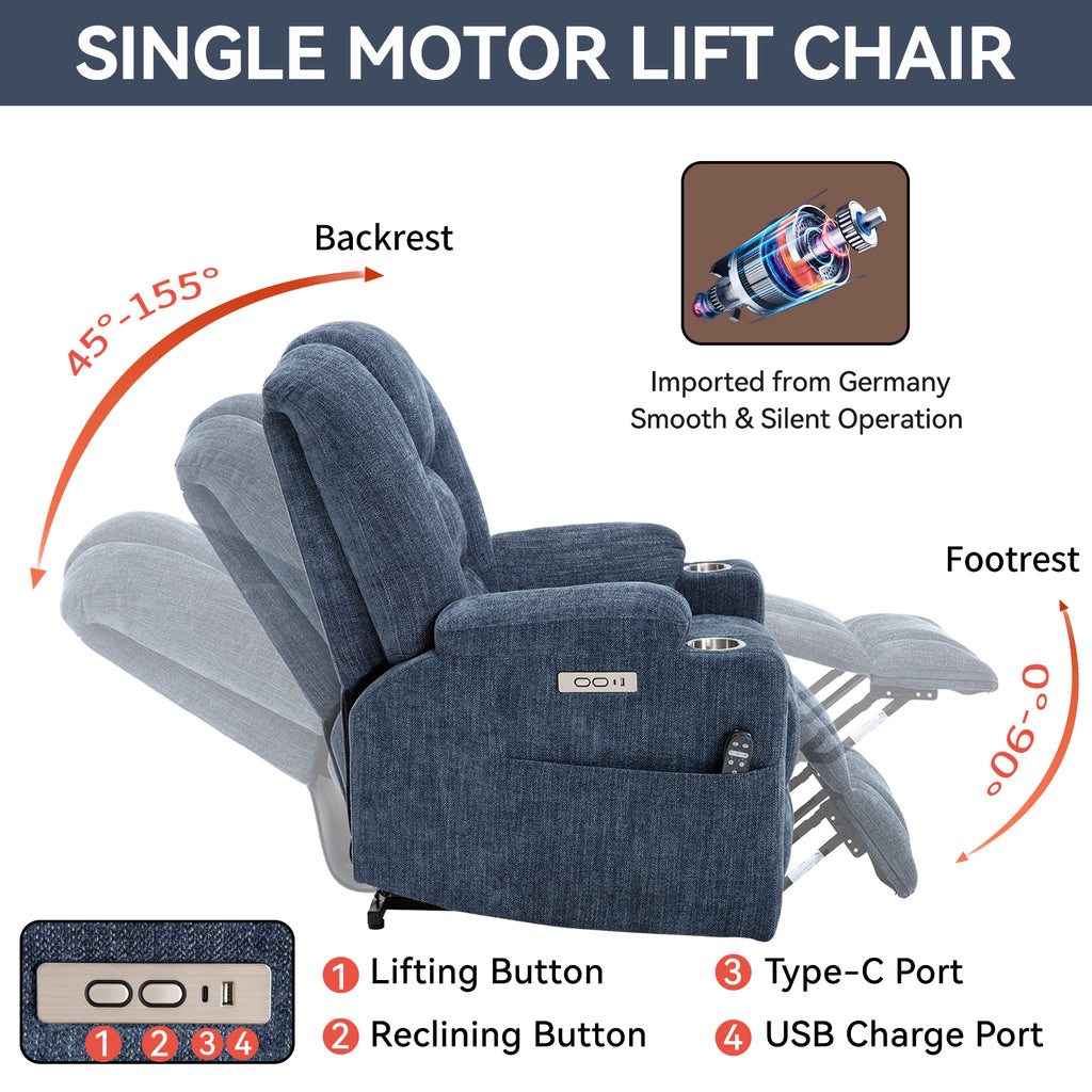 Power Lift Recliner Chair with Massage and Heat for Elderly, Overstuffed Wide Recliners, Heavy Duty Motion Mechanism with USB and Type C Ports, 2 Steel Cup Holders, Blue - Grand Goldman Shop