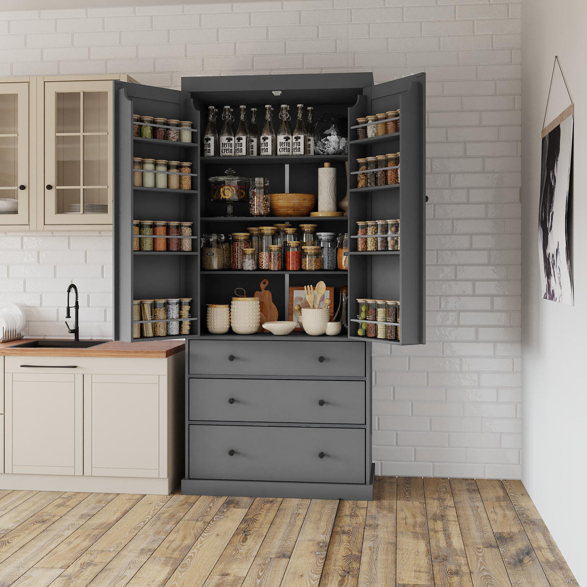 [Assembly Video Provided]TOPMAX 77inch Farmhouse Kitchen Pantry, Freestanding Tall Cupboard Storage Cabinet with 3 Adjustable Shelves, 8 Door Shelves, 3 Drawers for Kitchen, Dining Room, Gray - Grand Goldman Shop