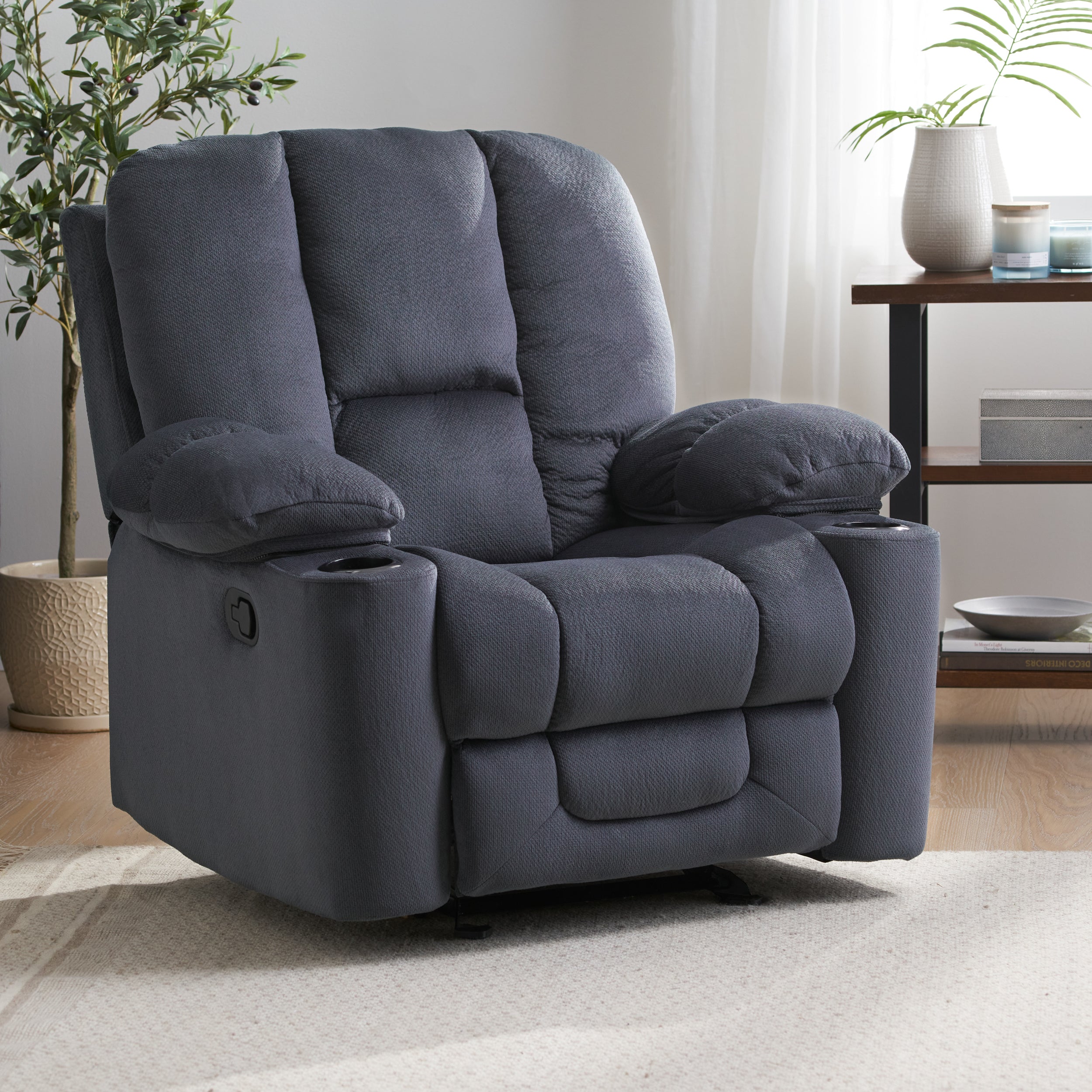 Fervor Luxurious Manual Recliner Chair with Skin-Friendly Fabric and Dual Cup Holders, Silver - Grand Goldman Shop