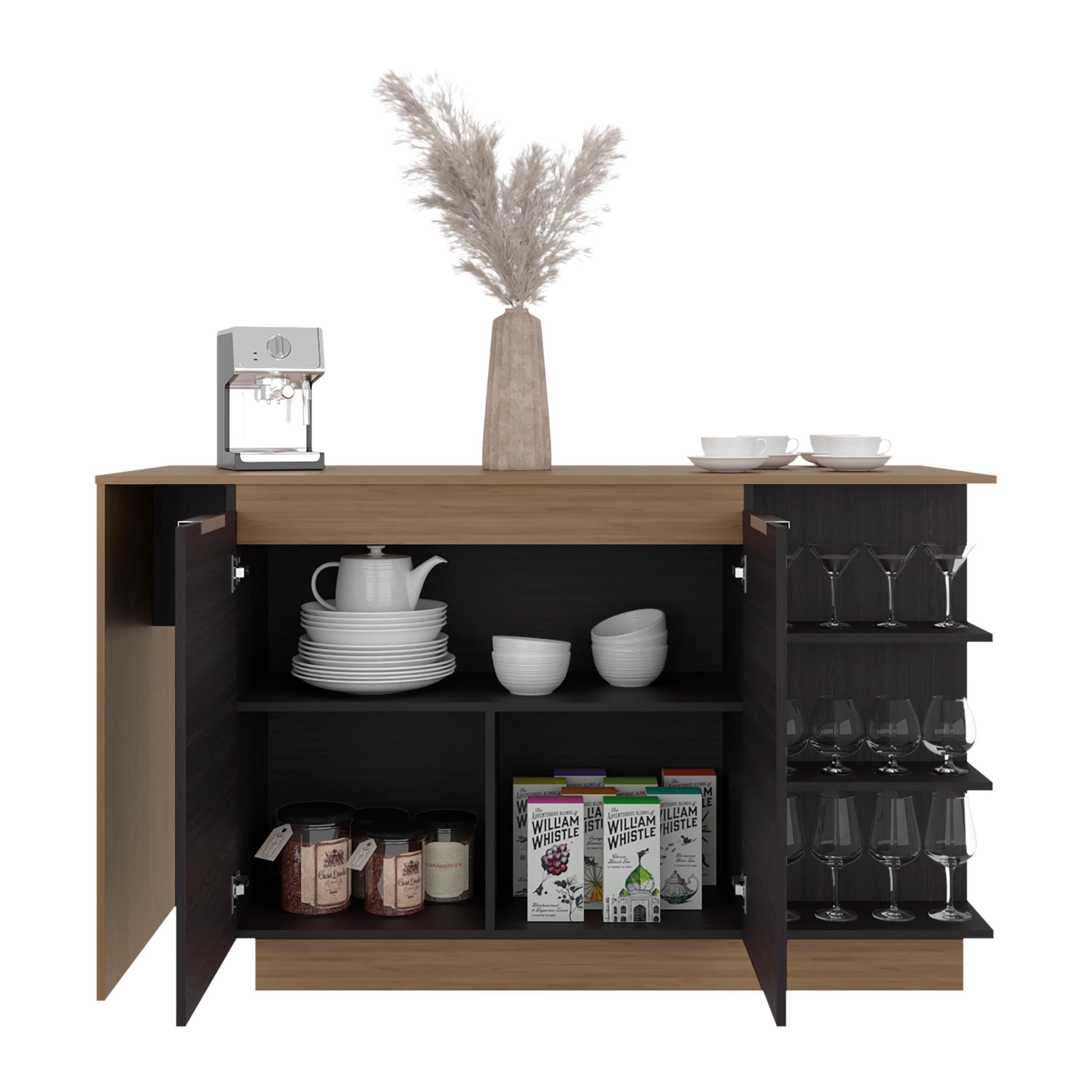 Dwight Kitchen Bar Counter with Shelves and Cabinets, Black Wengue / Natural Oak - Grand Goldman Shop