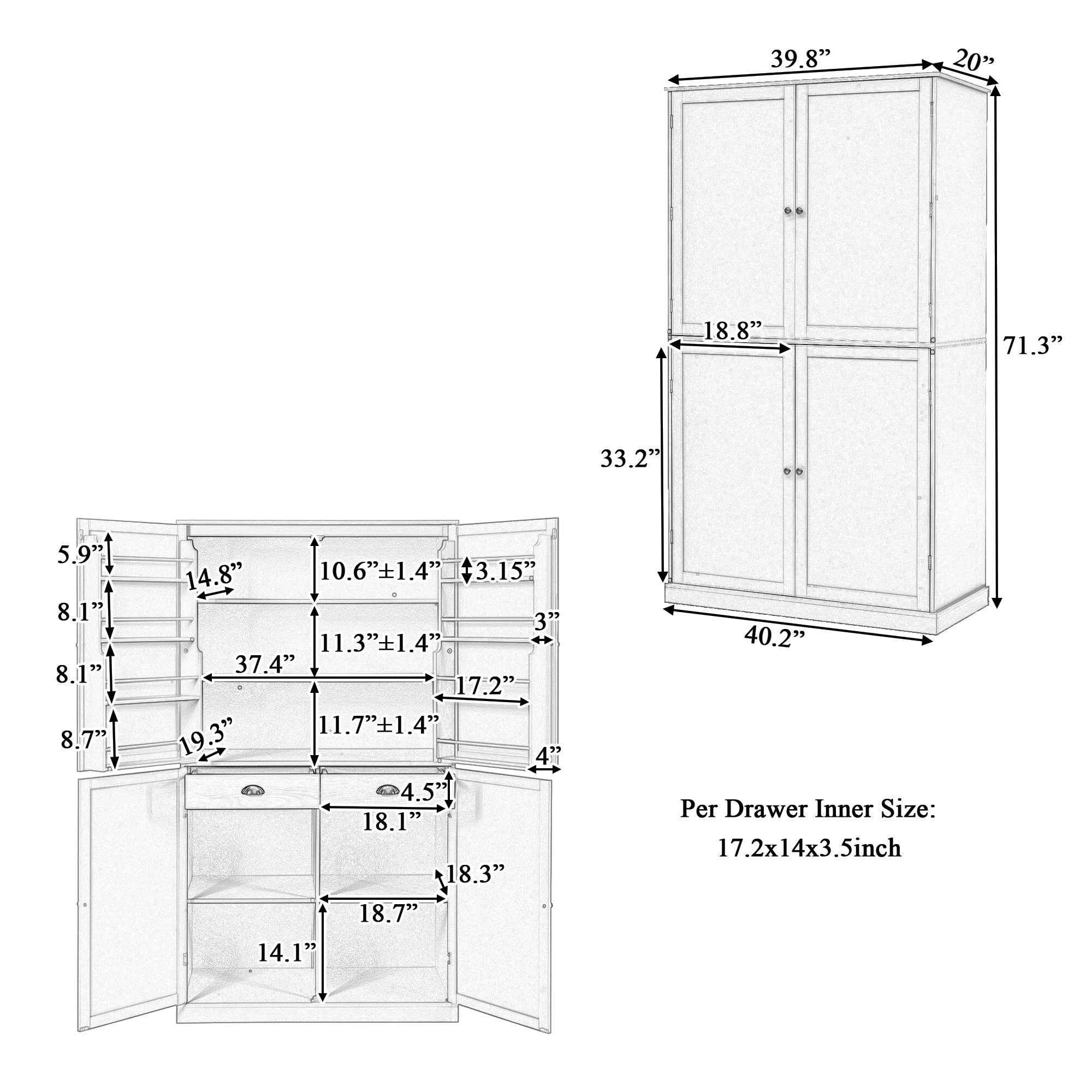 [Assembly Video Provided]TOPMAX 40.2x20x71.3inch High Freestanding Kitchen Pantry Large Cupboard Storage Cabinet with 2 Drawers, 2 Adjustable Shelves, 8 Door Shelves for Kitchen, Dining Room,Gray - Grand Goldman Shop