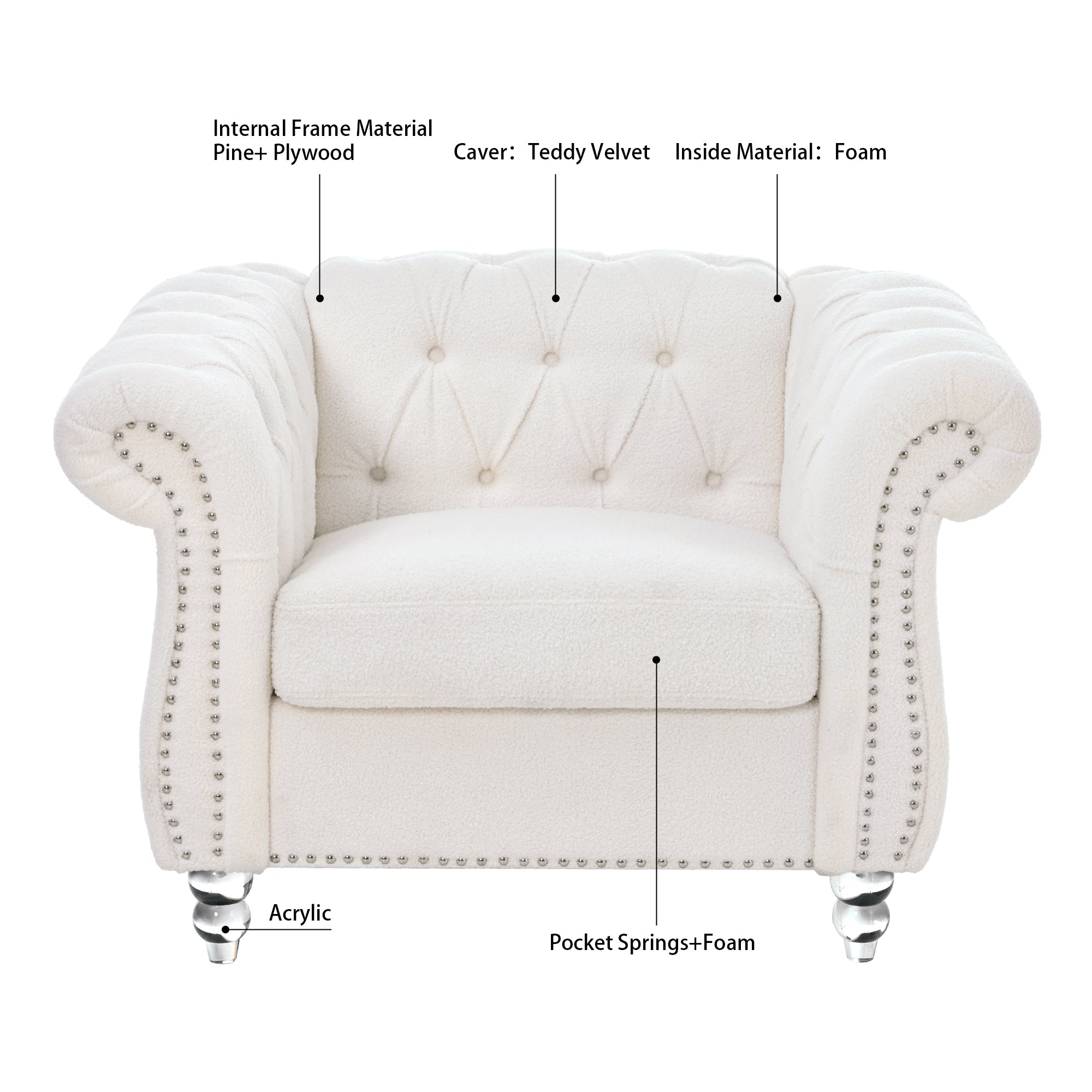 Modern Teddy Velvet 1 Seater Sofa for Living Room, White, Acrylic Legs, 38.98'W x 32.09'D x 28.35'H - Grand Goldman Shop