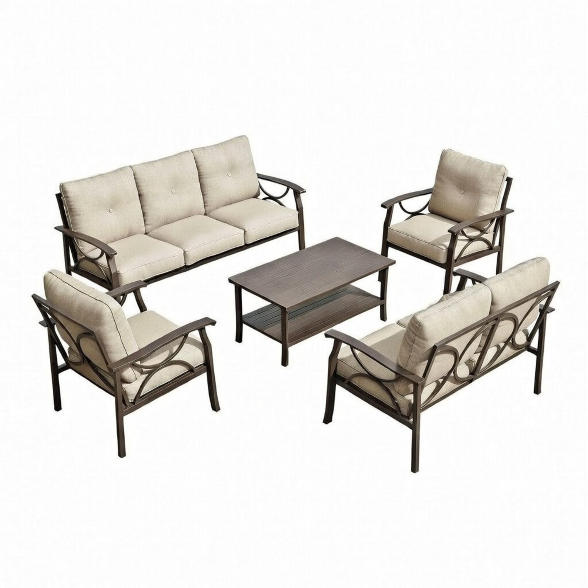 Modern 7-Seat Metal Patio Furniture Set with Beige Cushions, Khaki Powder-Coated Frame, Coffee Table for Backyard Garden Porch