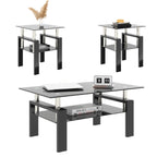 Modern Tempered Glass Tea Table Coffee Table End Table Set in Black with Metal Legs, 17.72 x 17.72 x 20.5 Inches - Grand Goldman Shop