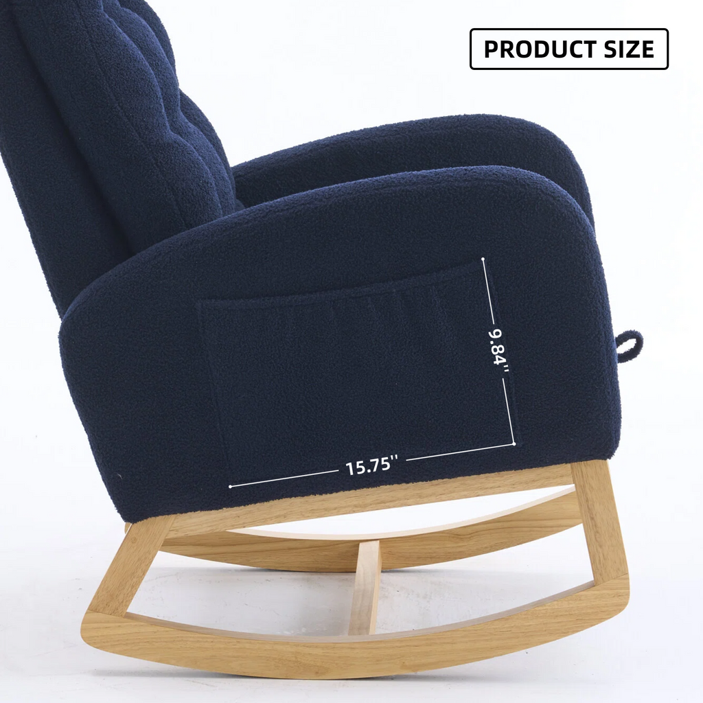 LY-5104 Accent Rocking Chair with Footrest & Storage Pocket, Deep Navy Blue High-Back Rocker, Rubber Wood Lounge Chair for Nursery Living Room, 38.36'W x 26.77'D x 39.76'H - Grand Goldman Shop