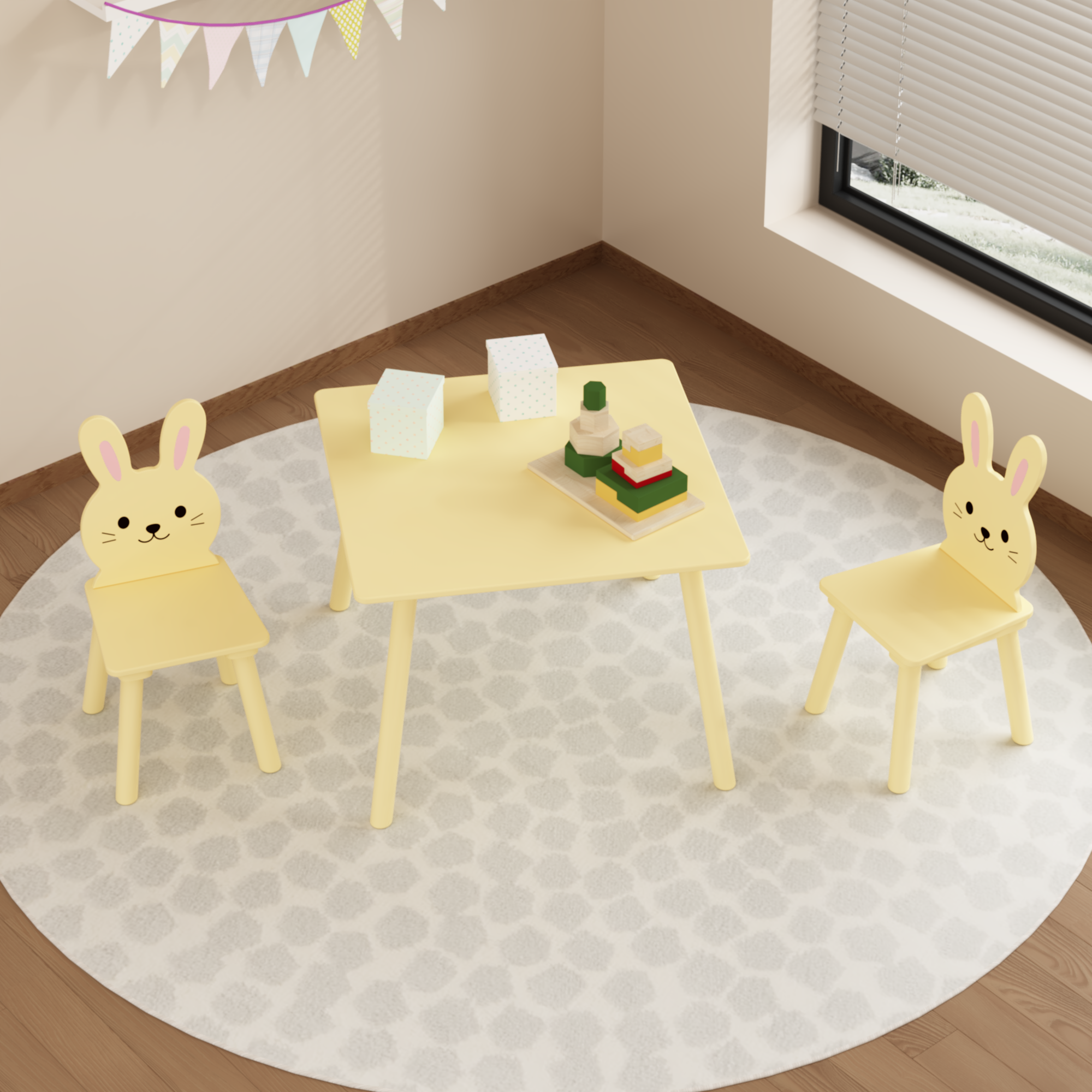 Kids Table and Chair Set with 2 Bunny Chairs, Children's Wooden Activity Table for Toddlers, Cute Animal Design Study Play Se