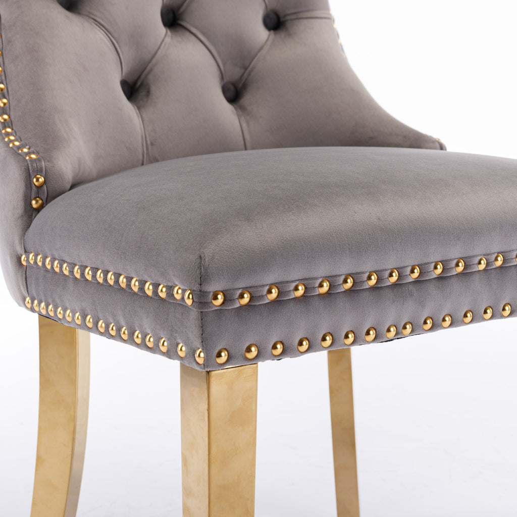 Nikki Collection Modern, High-end Tufted Solid Wood Contemporary Velvet Upholstered Dining Chair with Golden Stainless Steel Plating Legs,Nailhead Trim,Set of 2,Gray and Gold, SW1601GY - Grand Goldman Shop