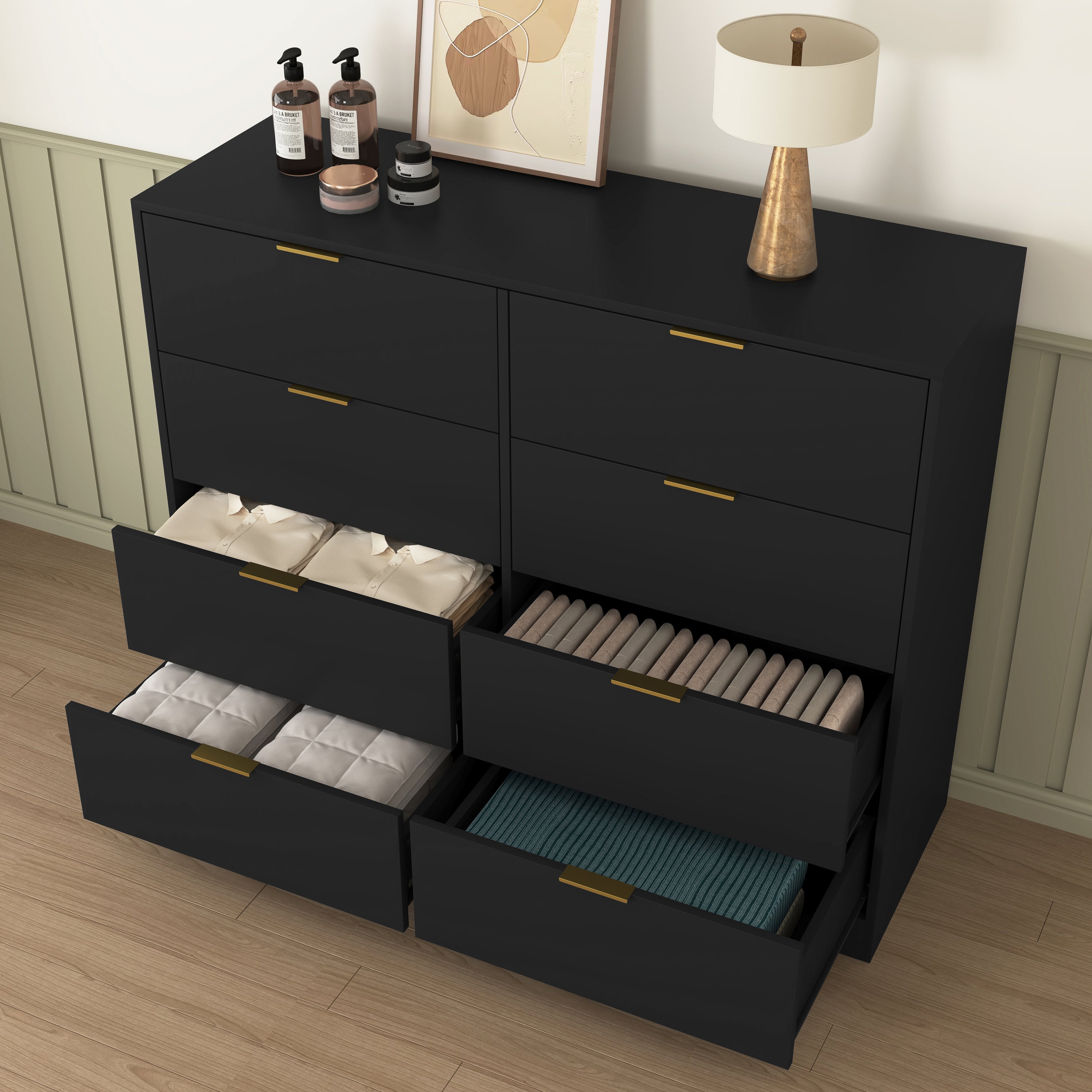 8 Drawers Dresser for Bedroom, Wood Bedroom Dresser Modern Drawer Chest, 8 Chest of Drawer, Tall Dresser for Closet, Dressers Organizer for Living Room, Closet, Hallway Black - Grand Goldman Shop