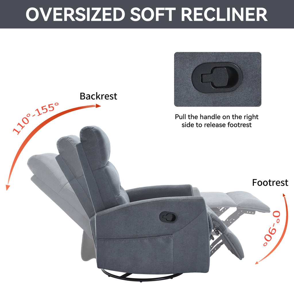 Manual Recliner Chair with Rocker and Swivel in Fabric for Living Room, Grey - Grand Goldman Shop
