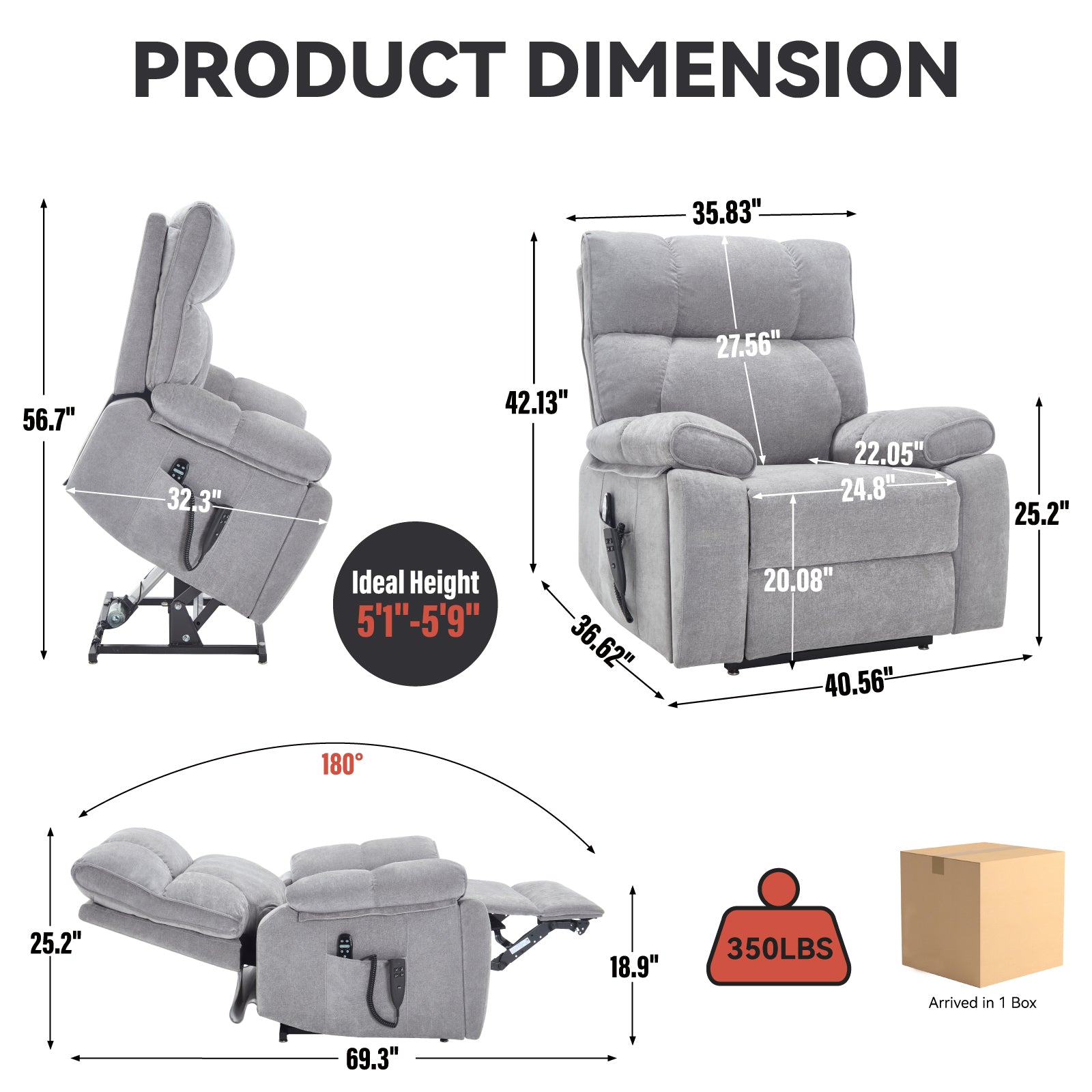 Grey Heat Massage Dual Motor Infinite Position Up to 350 LBS Large Electric Power Lift Recliners with Hidden Cup Holders, Power-Remote, Medium-firm and Heavy Duty - Grand Goldman Shop