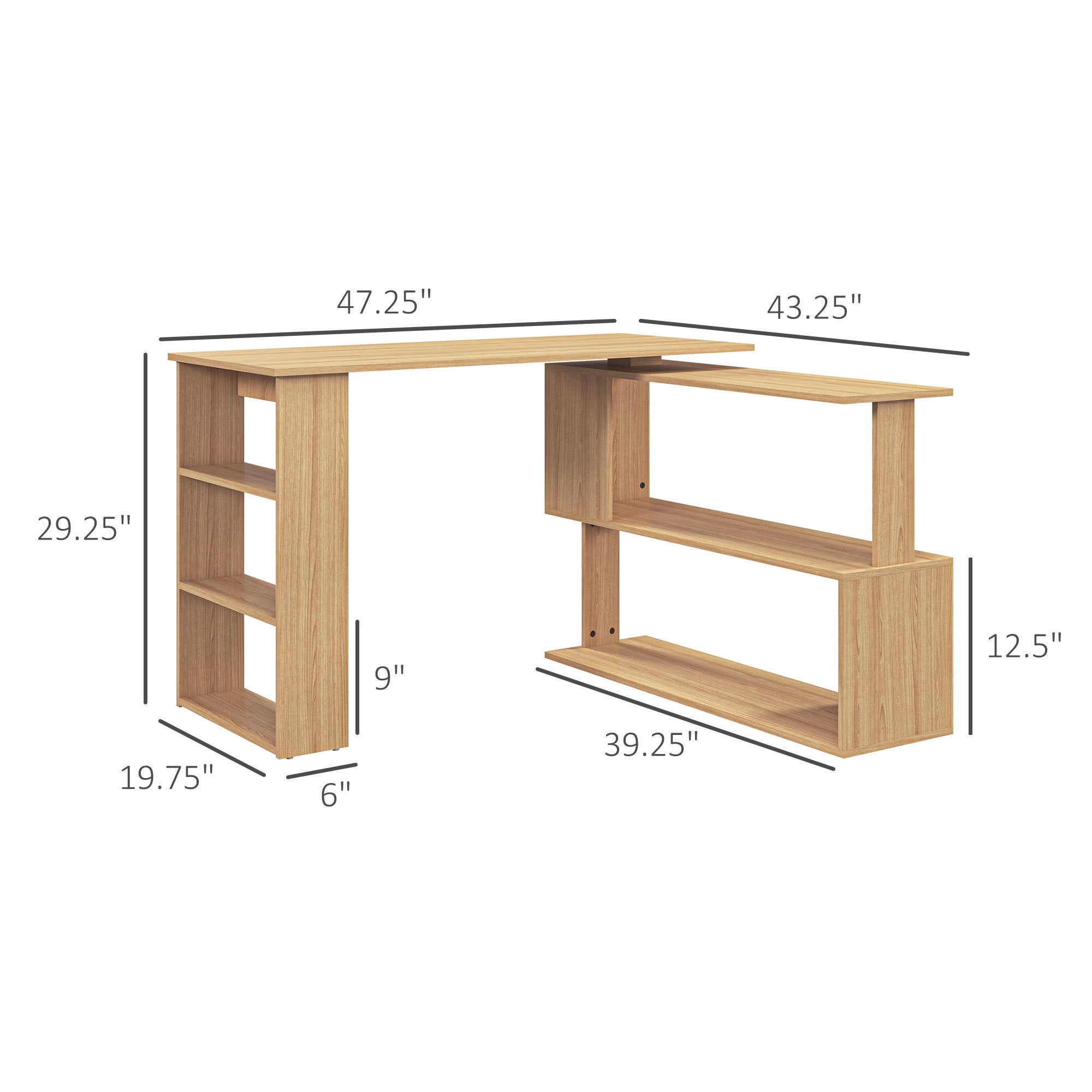 HOMCOM L Shaped Corner Desk, 360 Degree Rotating Home Office Desk with Storage Shelves, Writing Table Workstation, Maple - Gr