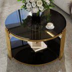 Modern Black Mirror Coffee Table, Asymmetrical Metal, Circular Metal Drum Base, Gold Finish & Lower Shelf - Grand Goldman Shop