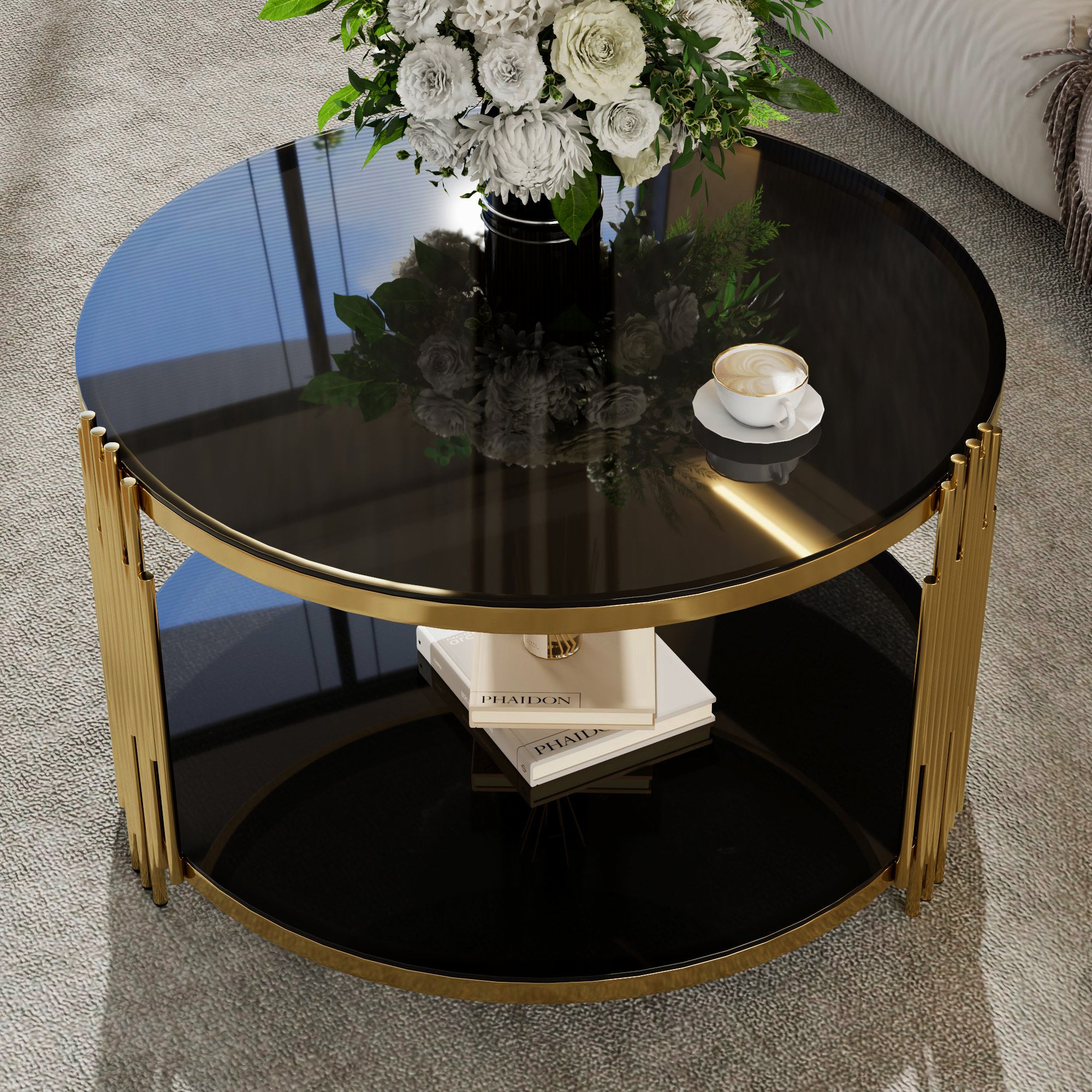 Modern Black Mirror Coffee Table, Asymmetrical Metal, Circular Metal Drum Base, Gold Finish & Lower Shelf - Grand Goldman Shop