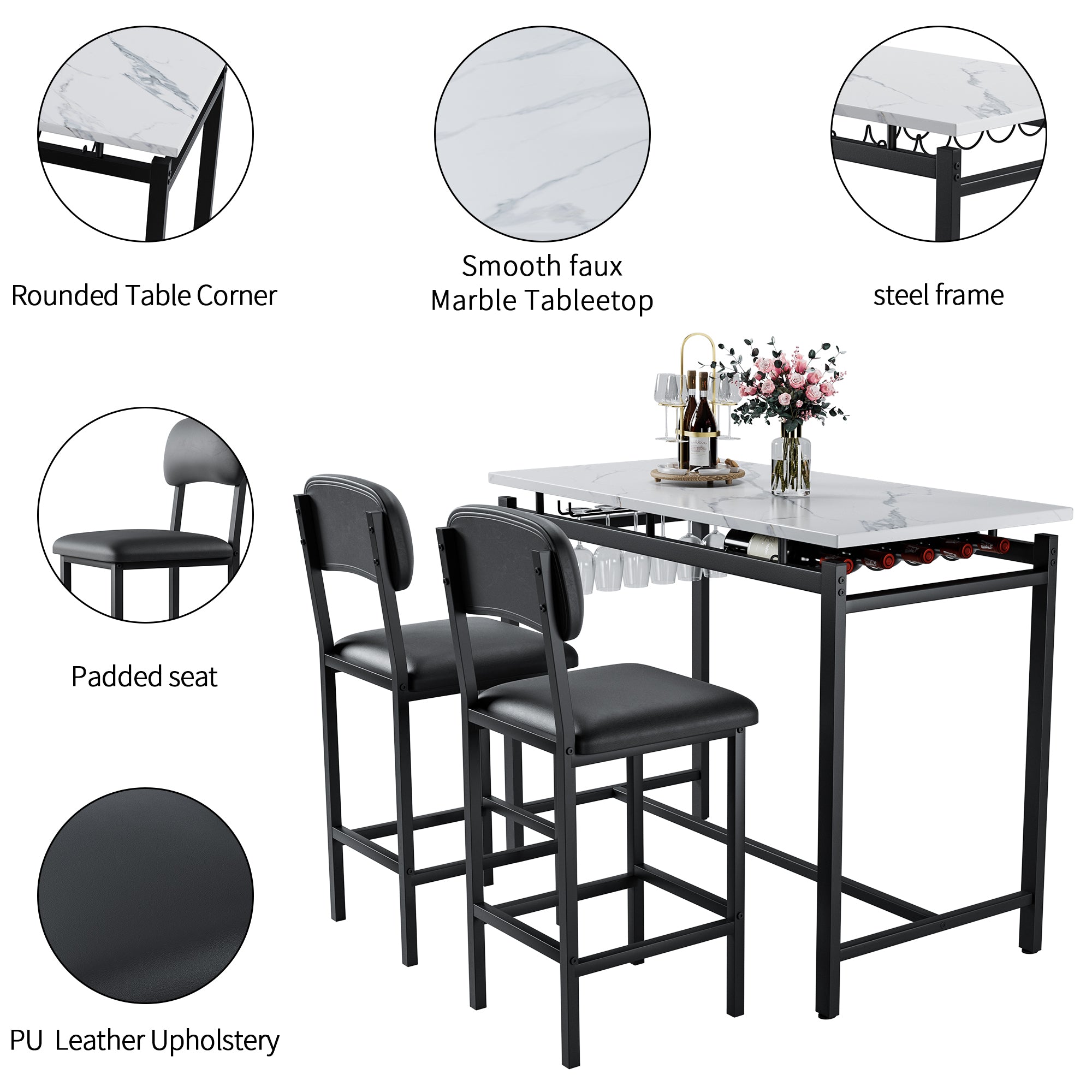 Kitchen Table Set, Dining Table and Chairs for 2, 3 Piece Dining Room Table Set with 2 Upholstered Chairs, Bar Dining Table Set for Small Spaces, Apartment, Breakfast, Pub, Rustic Black - Grand Goldman Shop